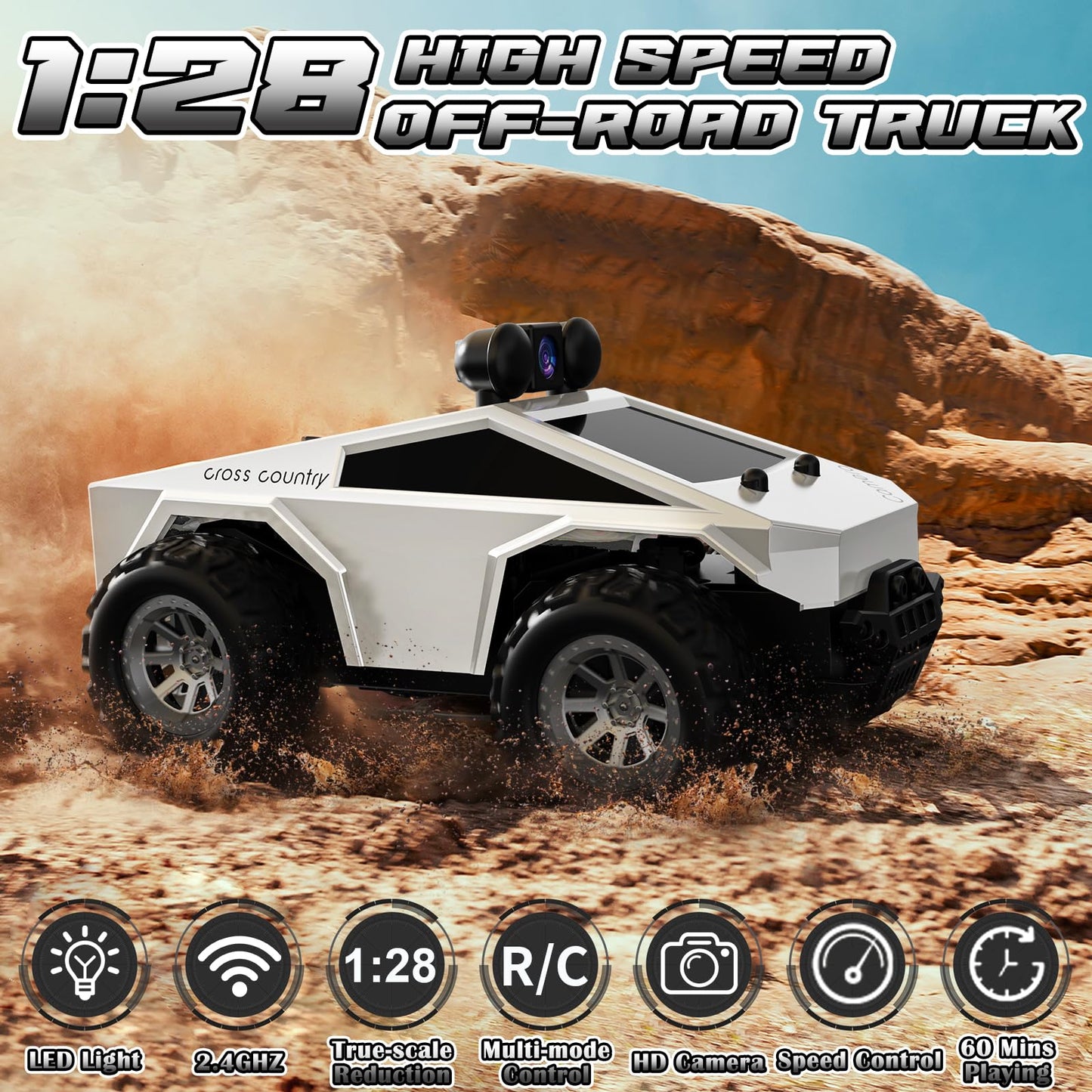 Wihaki RC Cars with Camera Remote Control Truck with 720P HD FPV Camera, All-Terrain Remote Control Car with Body Light Recharge