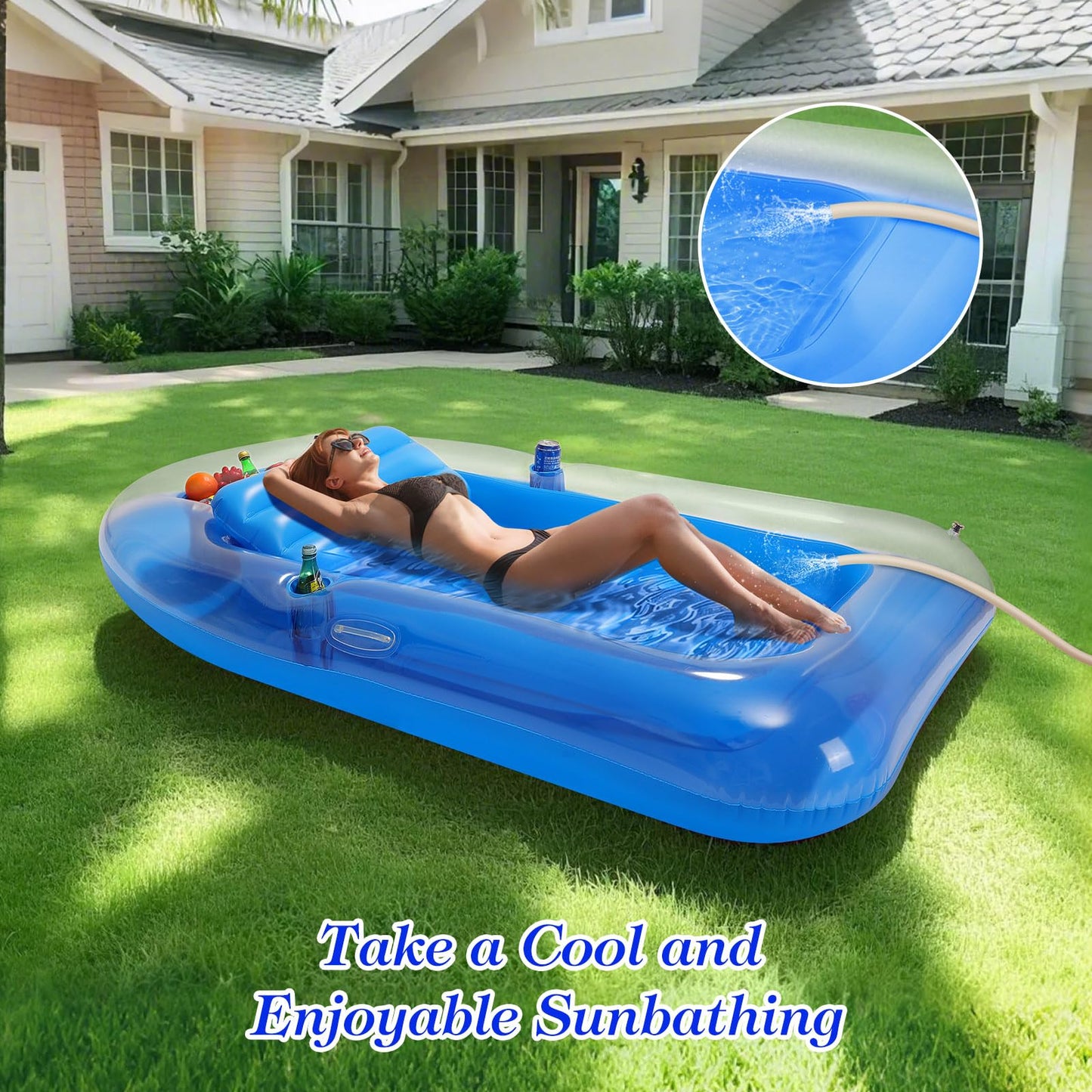 MoKo Inflatable Tanning Pool Lounge Float, 78" x 49", Blue, PVC, with Ice Bar & Cup Holders for Summer Water Parties