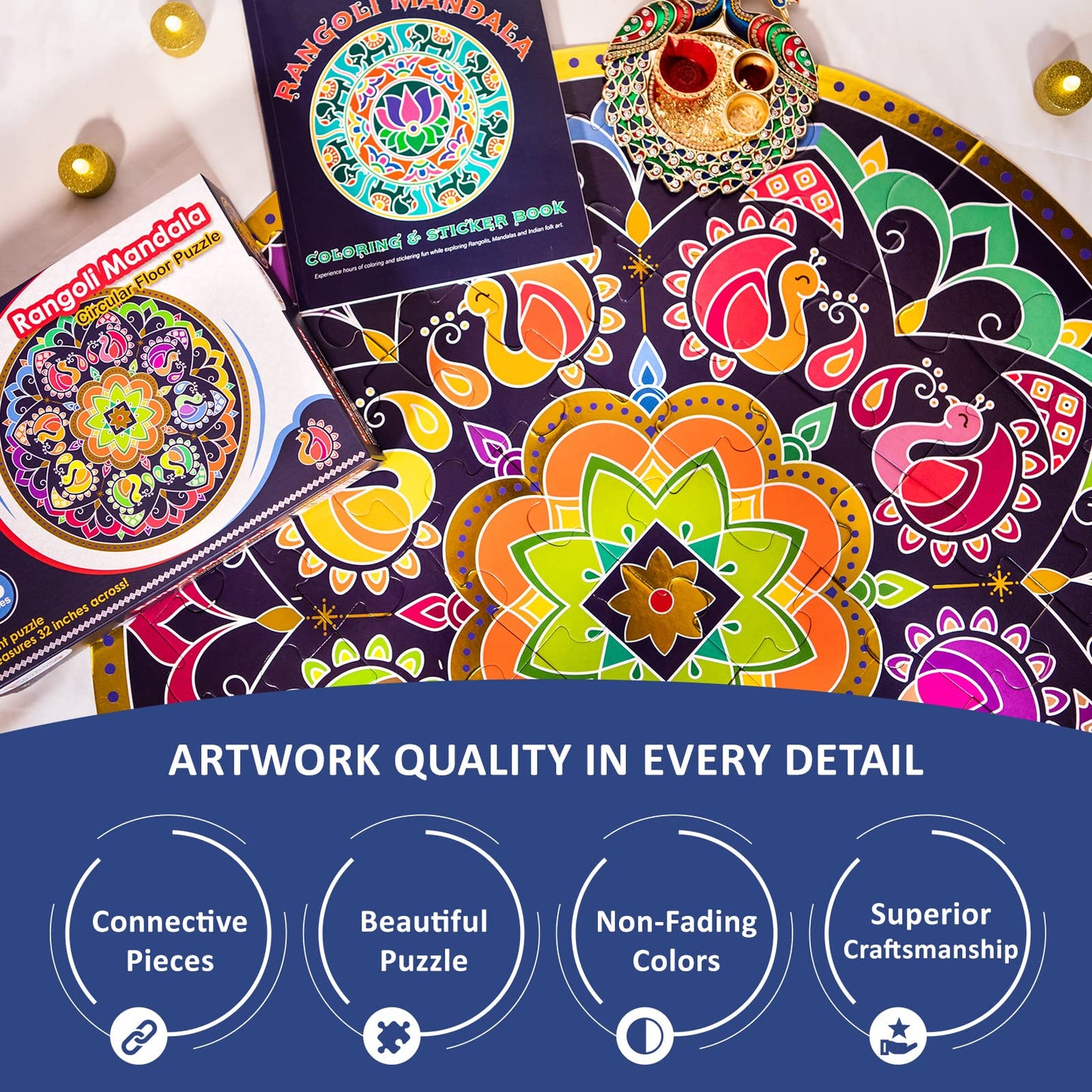 Kulture Khazana Rangoli Mandala Floor Puzzle - 48 Pieces, Cardboard, 32" Colorful Giant Puzzle for Holi & Diwali