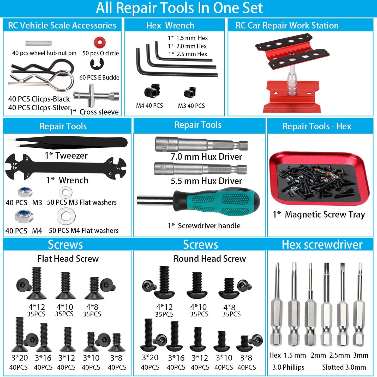 RC Car Repair Work Stand, 1100pcs RC Screw Kit and RC Screwdrivers Repair Set for Traxxas Axial Redcat Arrma HPI HSP SCX10 RC4WD