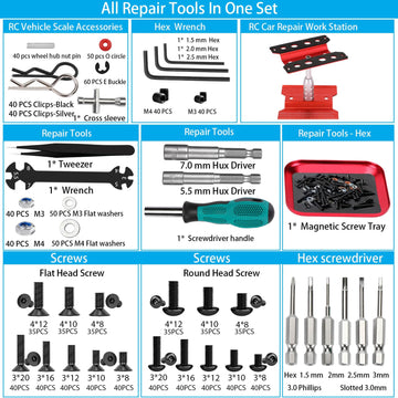 RC Car Repair Work Stand, 1100pcs RC Screw Kit and RC Screwdrivers Repair Set for Traxxas Axial Redcat Arrma HPI HSP SCX10 RC4WD