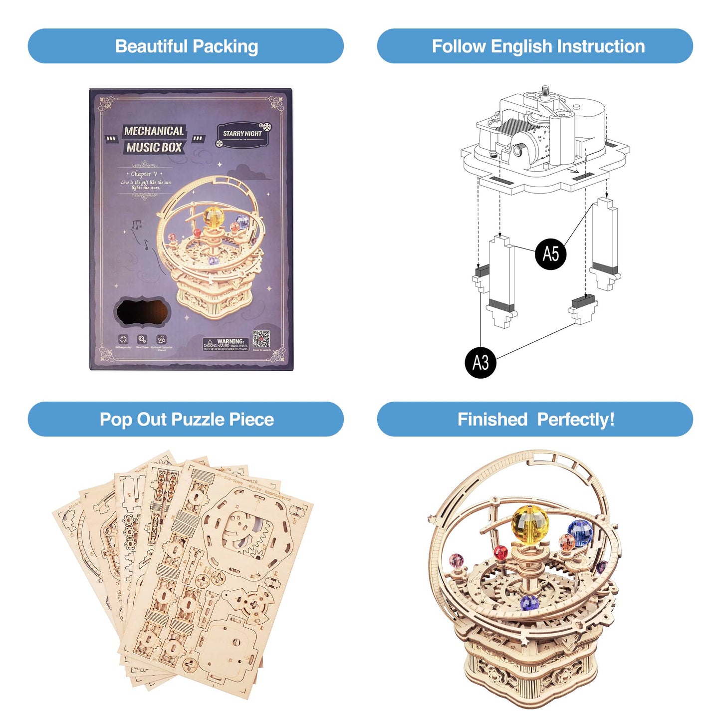 ROBOTIME 3D Puzzles for mature-themeds Model Kits for mature-themeds Hobbies for Men/Women Rotating Starry Night Wooden Puzzle Music Box AMK51