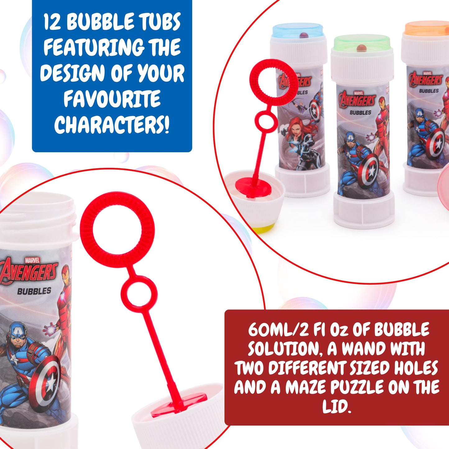 Toyland Pack of 12 Avengers Bubbles with Wands, 2fl oz Solution & Novelty Maze Lid - Pocket Money & Party Bag Toys