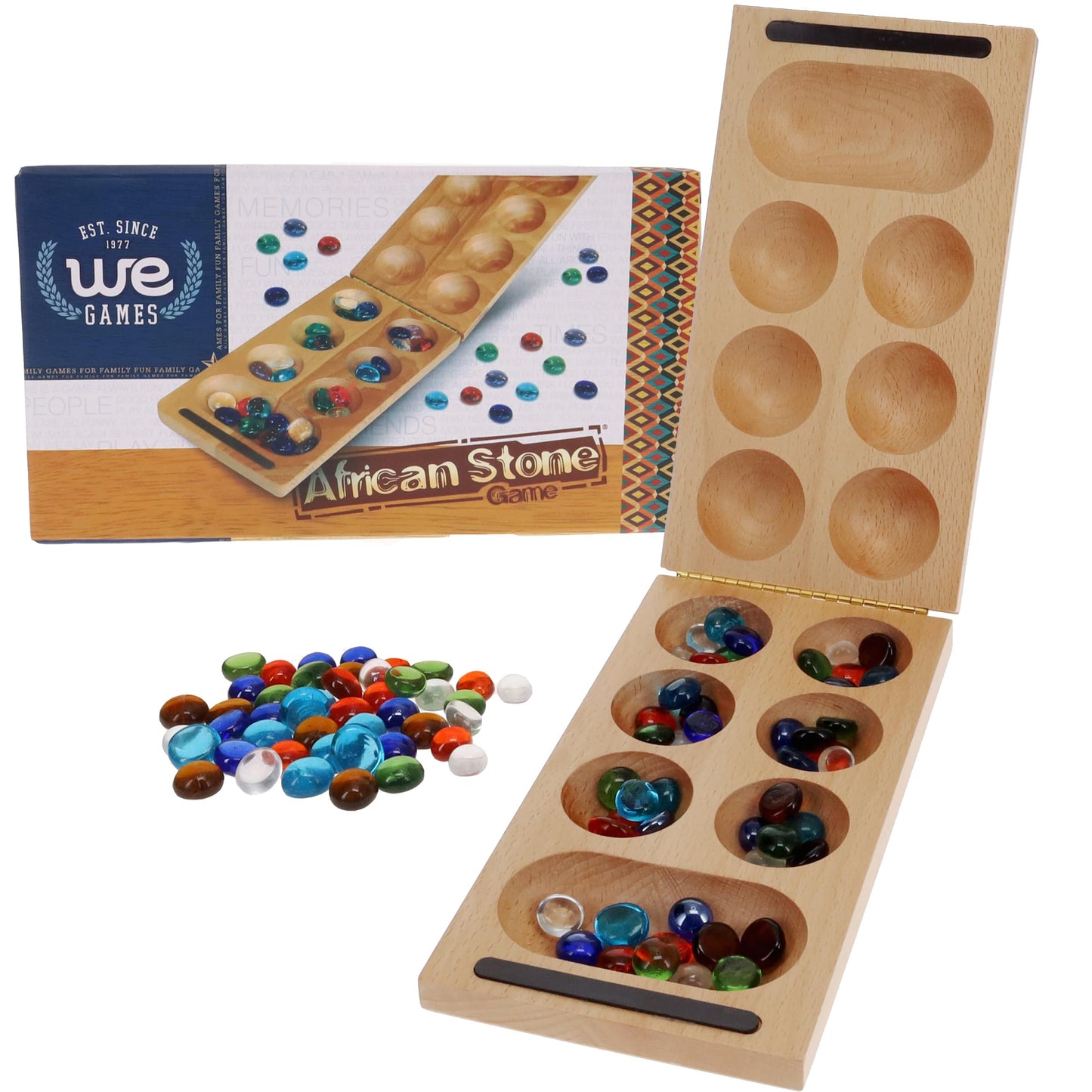 We Games Folding Mancala - Solid Wood Board & Glass Stones 18 Inches