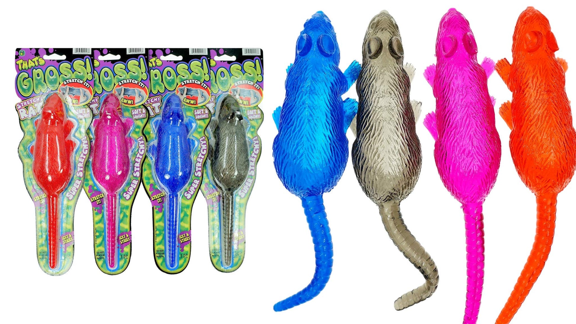 JA-RU Sticky Stretchy Rubber Rat Toys (4 Rats) Squishy Sticky Fidget Toys for Kids. Funny Halloween Pranks, Joke, & Gag Gift. An