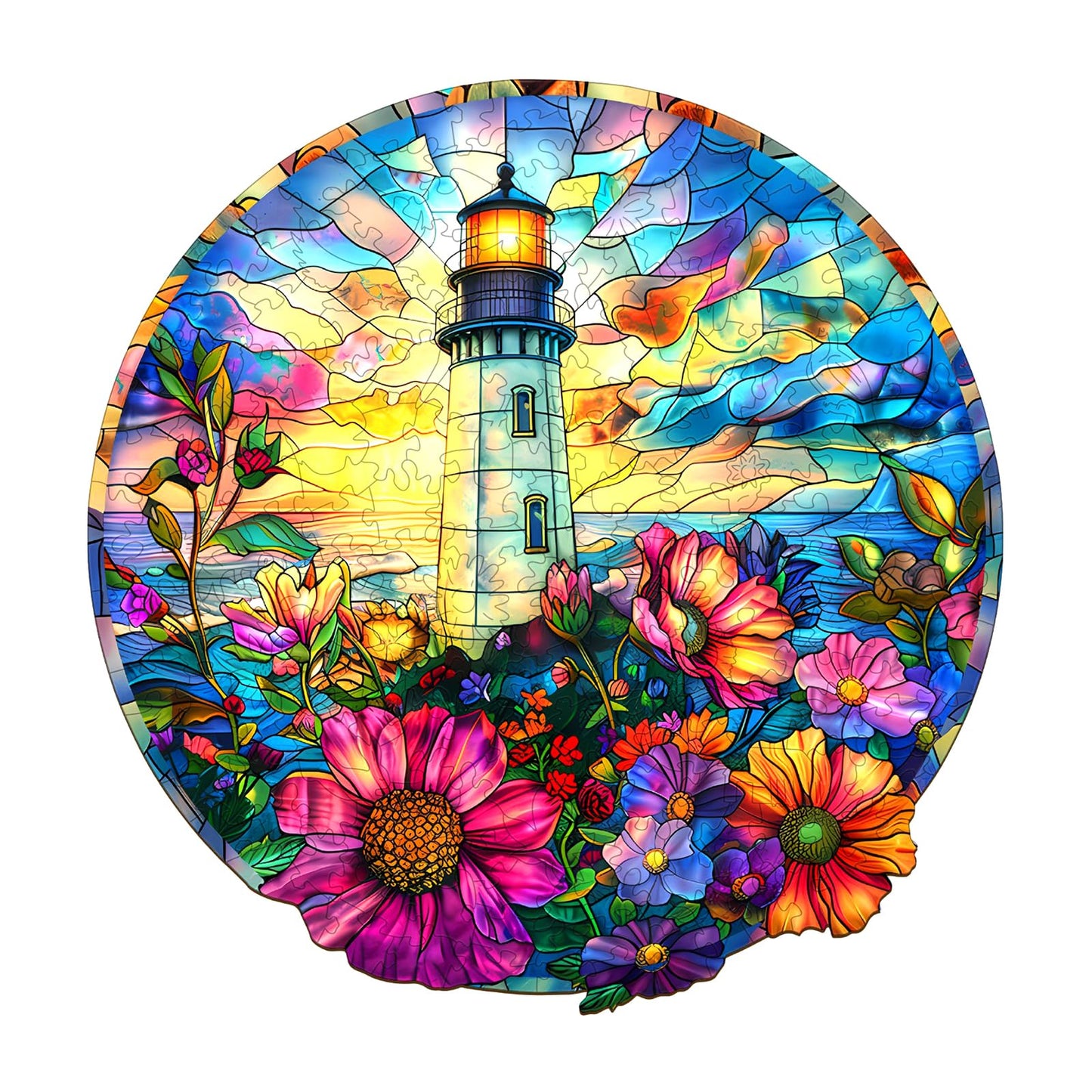 Wooden Puzzles for mature-themeds - Unique Shaped Wooden Jigsaw Puzzles mature-themed Puzzles  Christmas Creative Gifts for mature-themeds Kids  Stained Glass Lighthouse Wooden Puzzle 11.4 * 11.2in 200pcs