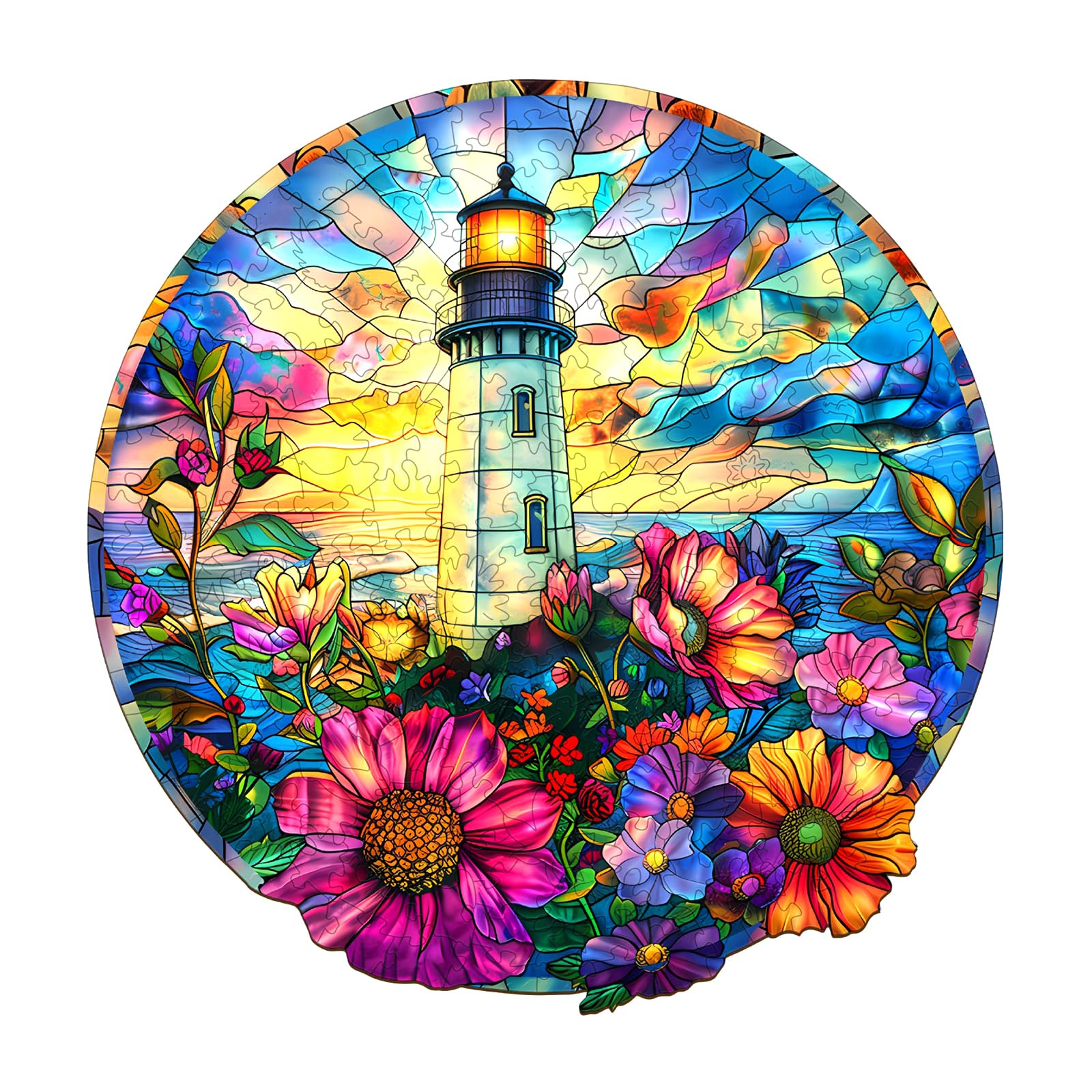 Wooden Puzzles for mature-themeds - Unique Shaped Wooden Jigsaw Puzzles mature-themed Puzzles  Christmas Creative Gifts for mature-themeds Kids  Stained Glass Lighthouse Wooden Puzzle 11.4 * 11.2in 200pcs