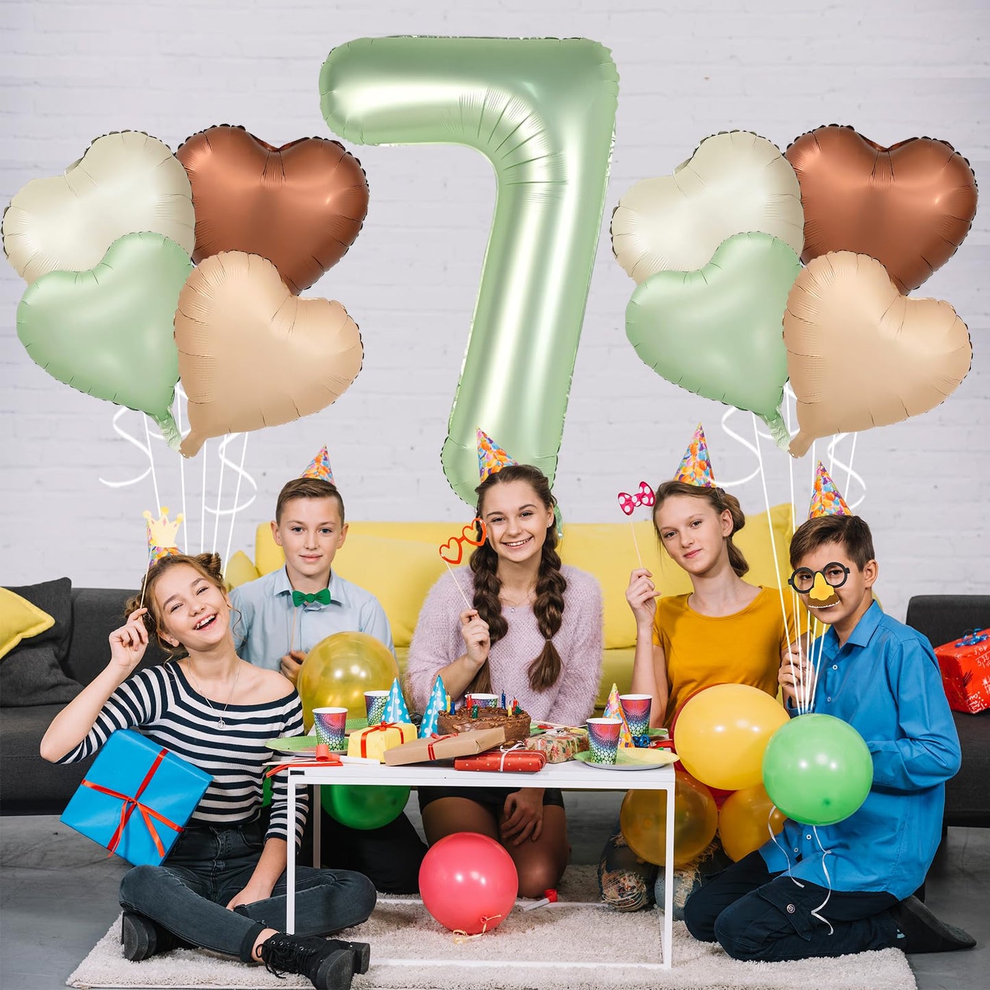 Biapian 40 Inch Sage Green Number 7 Balloons, 7Pcs Gaint Number 7 Balloon With 18'' Retro Foil Heart Balloons Helium For Neutral