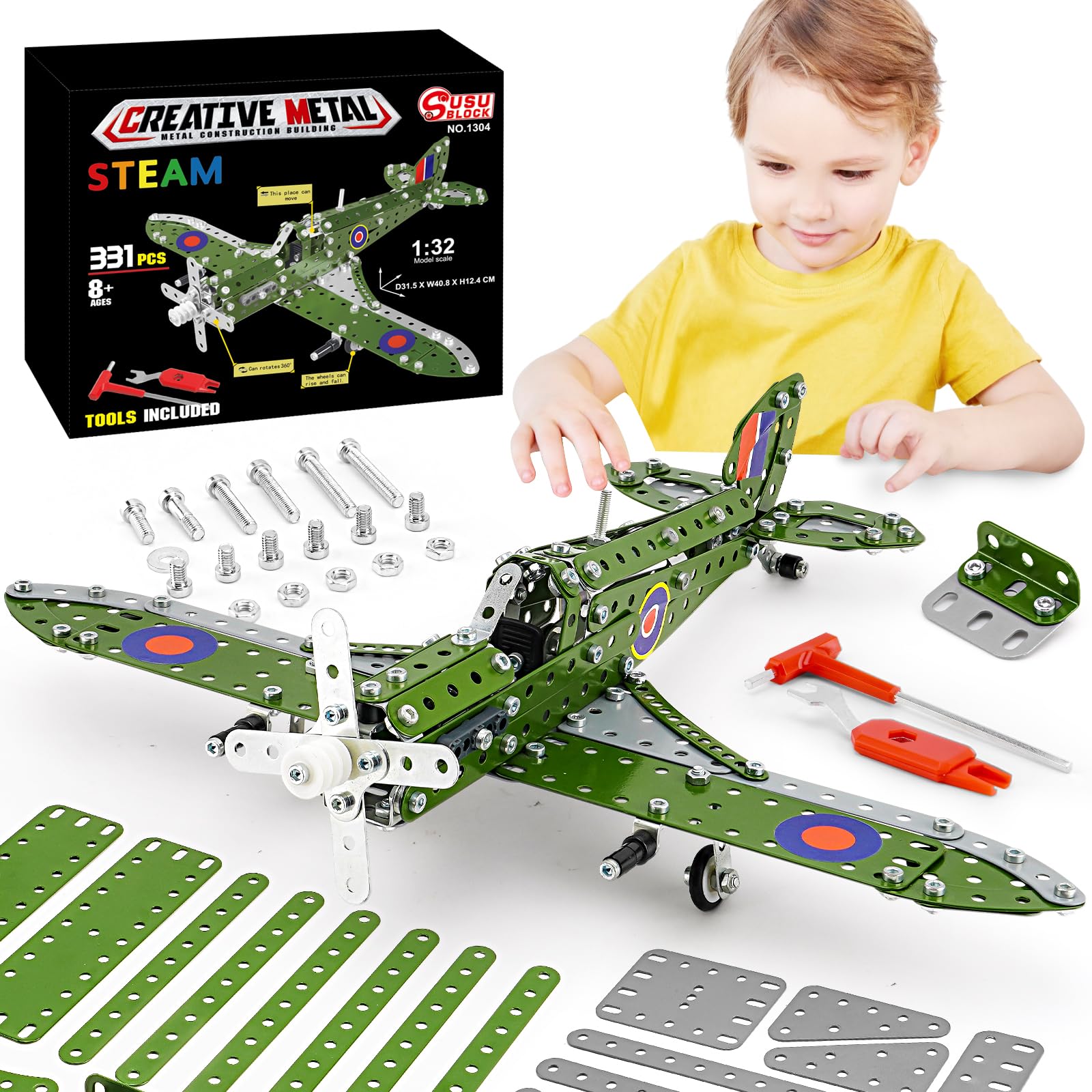 Bestymxy Model Airplane, Erector Set 1:32 Scale Airplane Model Metal Toys, Stem Projects For Kids Ages 8-12, Diy Education Airpl