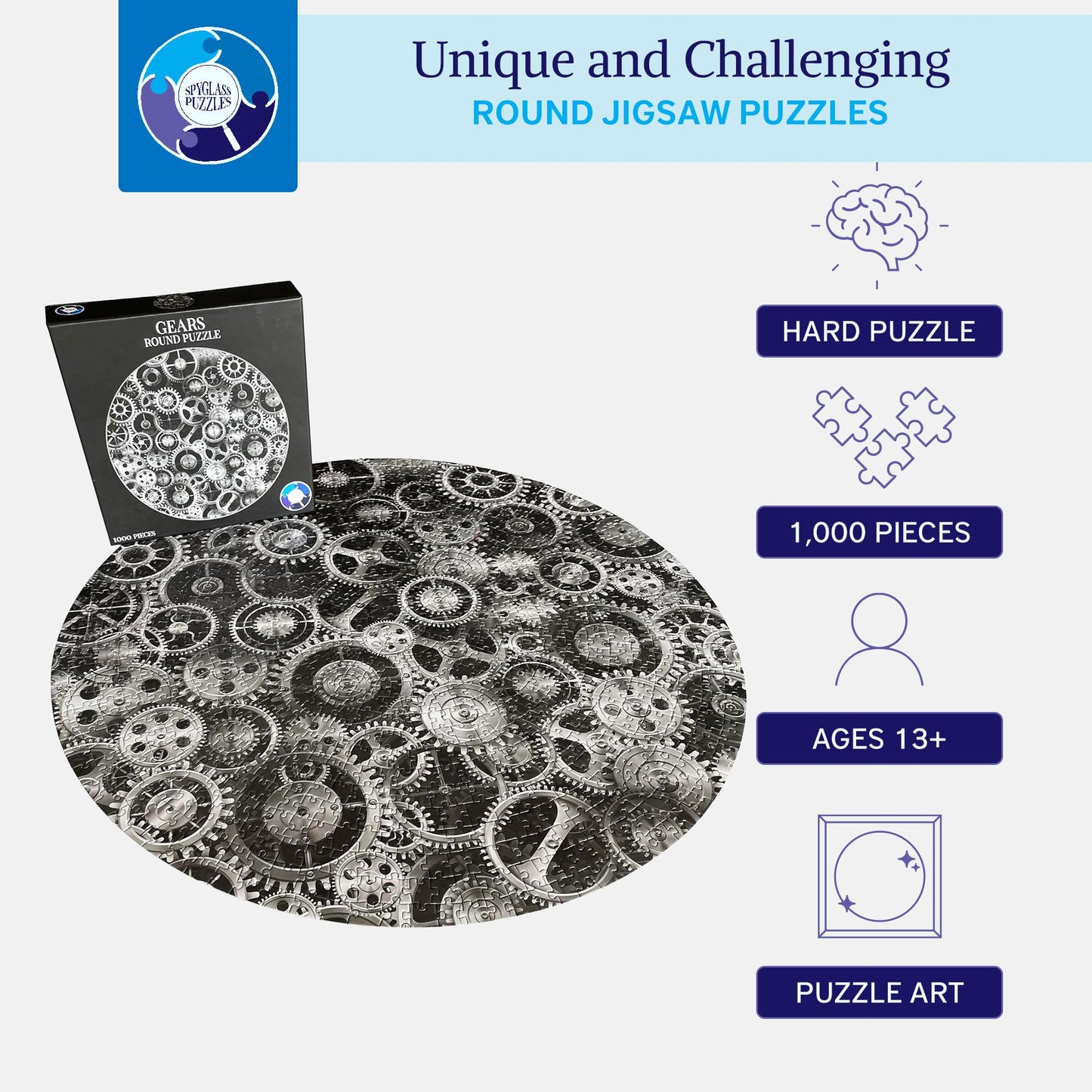 Jigsaw Puzzles For Adults 1000 Pieces Hard Puzzles For Adults And Kids - Unique Round Puzzle - Difficult Near Impossible Black And White Puzzles Fun Gear Puzzle By Spyglass Puzzles