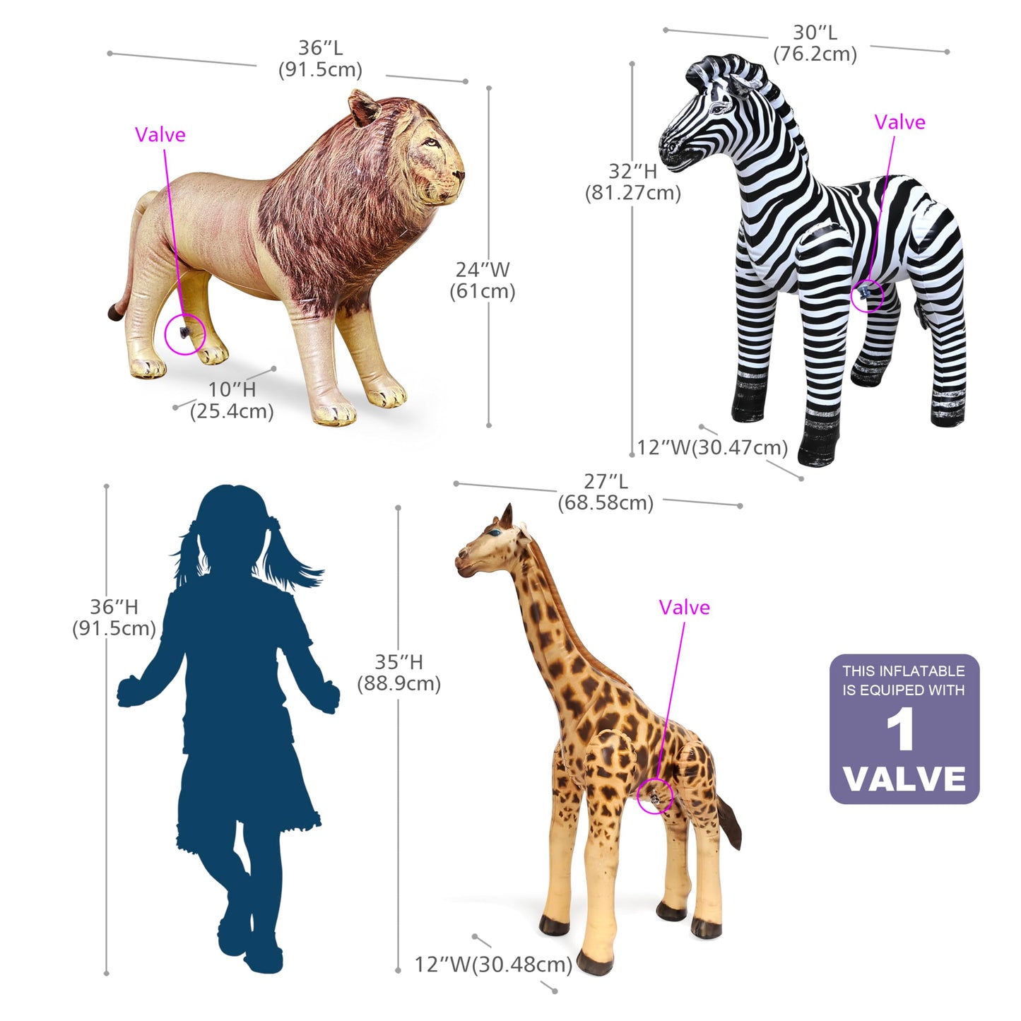 Jet Creations 3-Pack Safari Animals - Giraffe, Zebra, Lion - Large, Heavy-Duty Vinyl, Multi-Color - Model AN-GZL