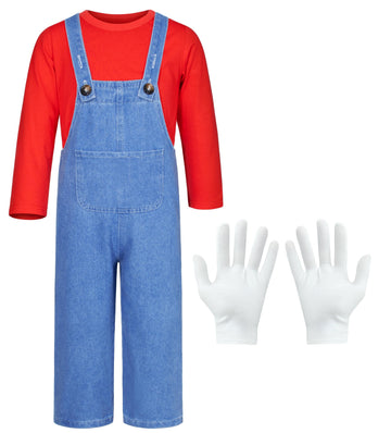 Plumber Costume For Kids Shirt Overalls Glove Boys Halloween Party Cosplay 3-4T Red