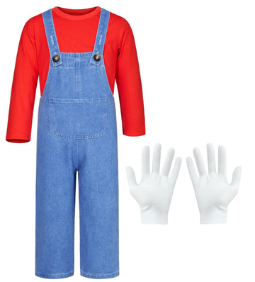 Plumber Costume For Kids Shirt Overalls Glove Boys Halloween Party Cosplay 6-7 Years Red
