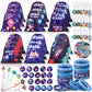 Sadnyy 140 Pcs Space Party Favors Outer Space Gift Bulk Galaxy Drawstring Backpack with Silicone Bracelet Straws Keychains Pin B