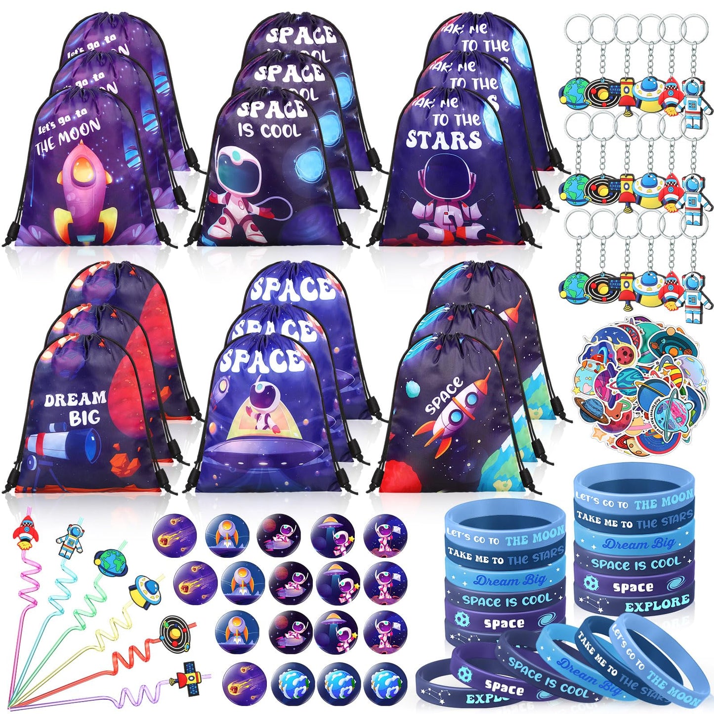 Sadnyy 140 Pcs Space Party Favors Outer Space Gift Bulk Galaxy Drawstring Backpack with Silicone Bracelet Straws Keychains Pin B