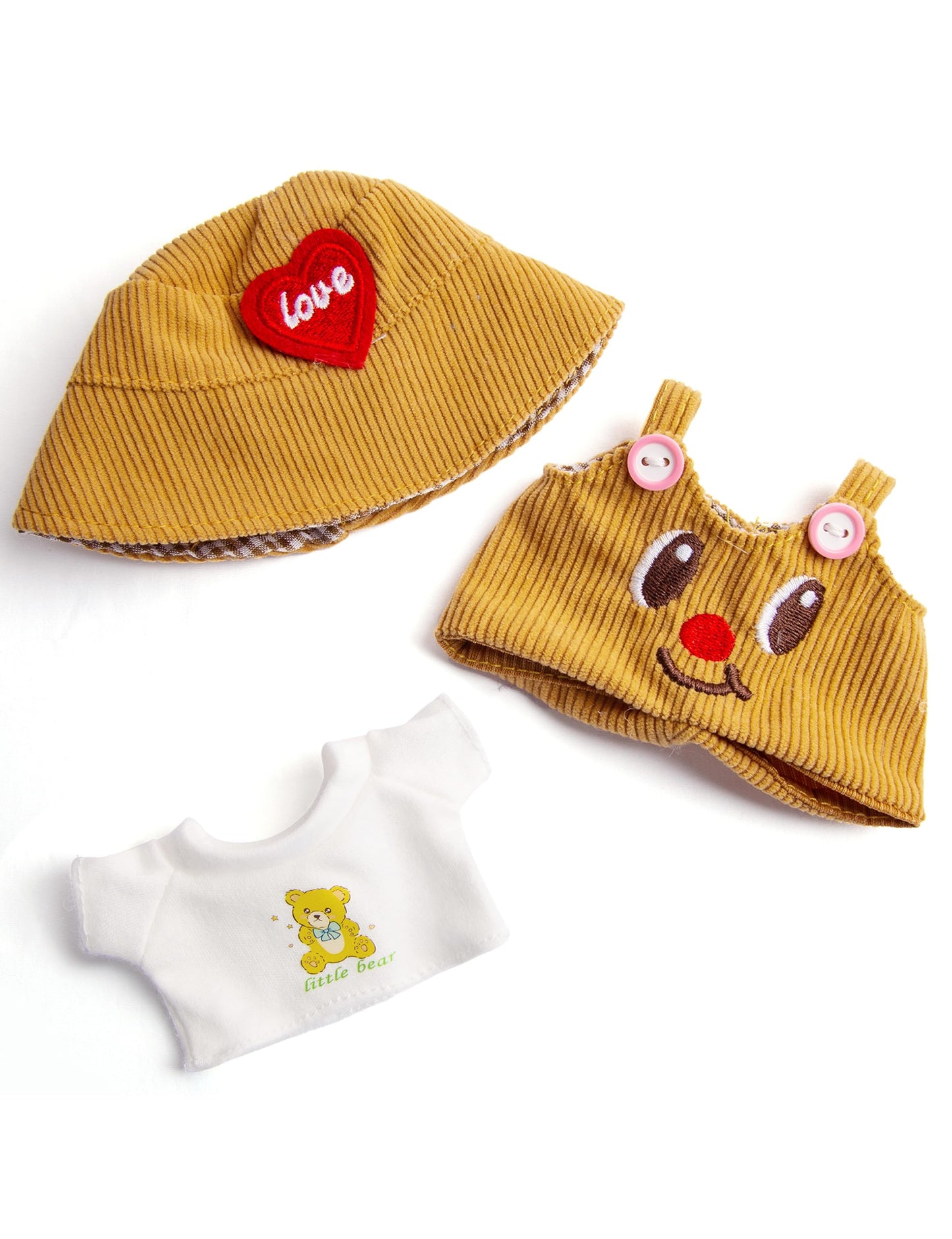 17 cm Doll Clothes  3-Piece Set Stylish Clothes for 17cm Doll  enhanced Outfit with Accessories for Doll- Red Heart Butter Hat & Tshirt & Butter Bear Romper (NO Doll)