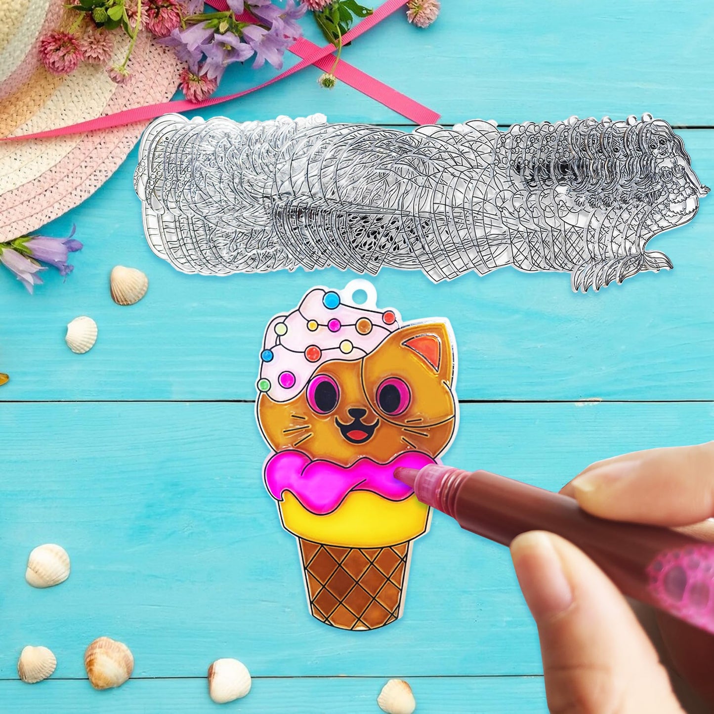 Ayhuhra 30 Sets Summer Suncatcher Craft Kits Glow in The Dark DIY Window Paint Art Sun Catcher Kits for Home Classroom Party Act