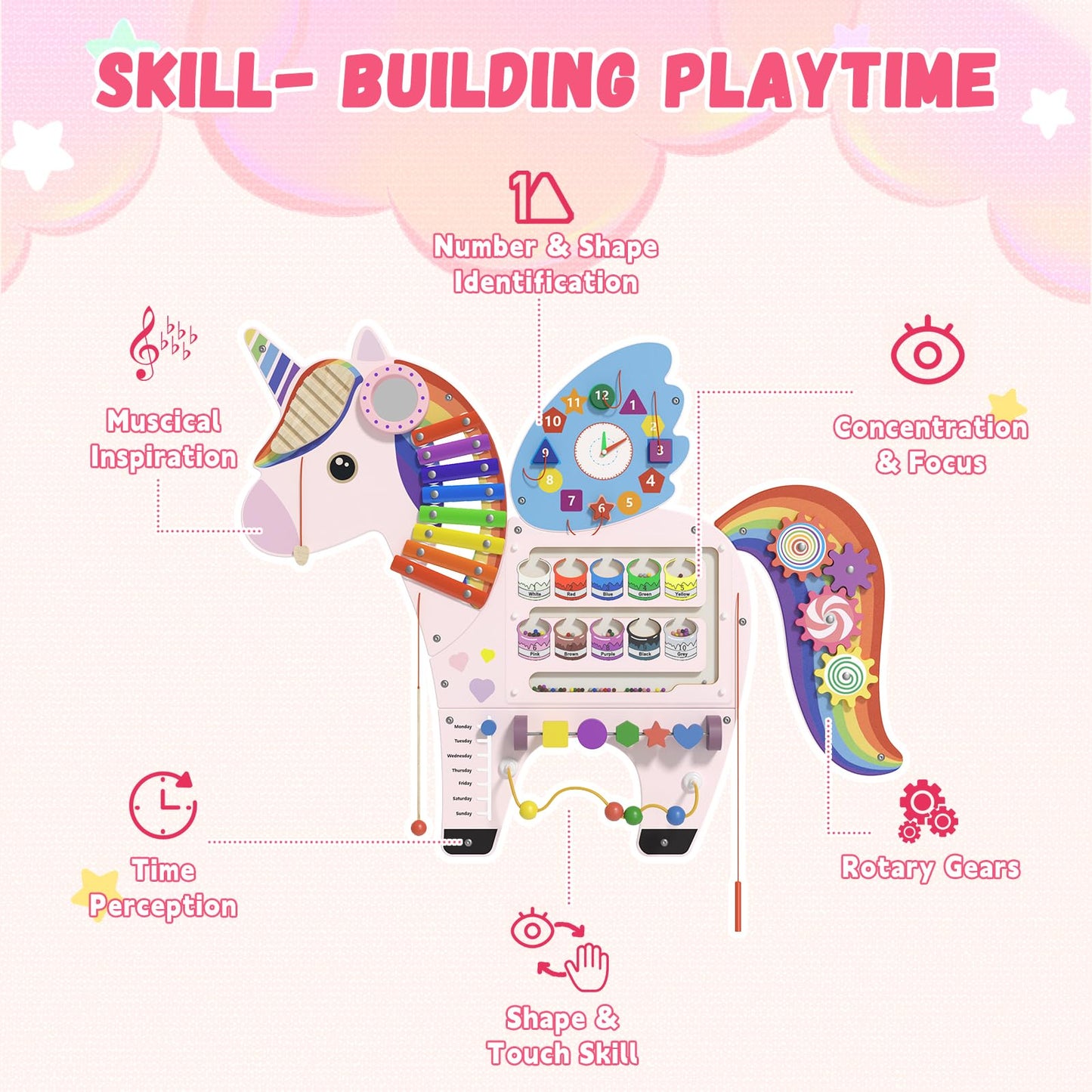 Spacocld Unicorn Activity Wall Busy Board Panels - Sensory Wall Panel For Kids, Montessori Toddler Wall Activity Board, Wall Toy