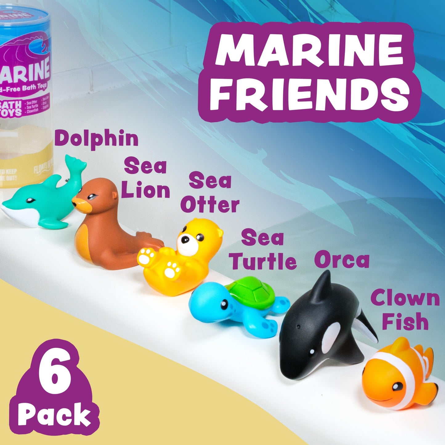 Tub Works® Marine™ Mold Free Bath Toys, 6 Pack | Sealed, No Hole Bath Toys Design Keeps Moisture Out | Soft, Squeezable & Float On Water | Easy-Grip Baby & Toddler Bath Toys | Great Baby Pool Toys