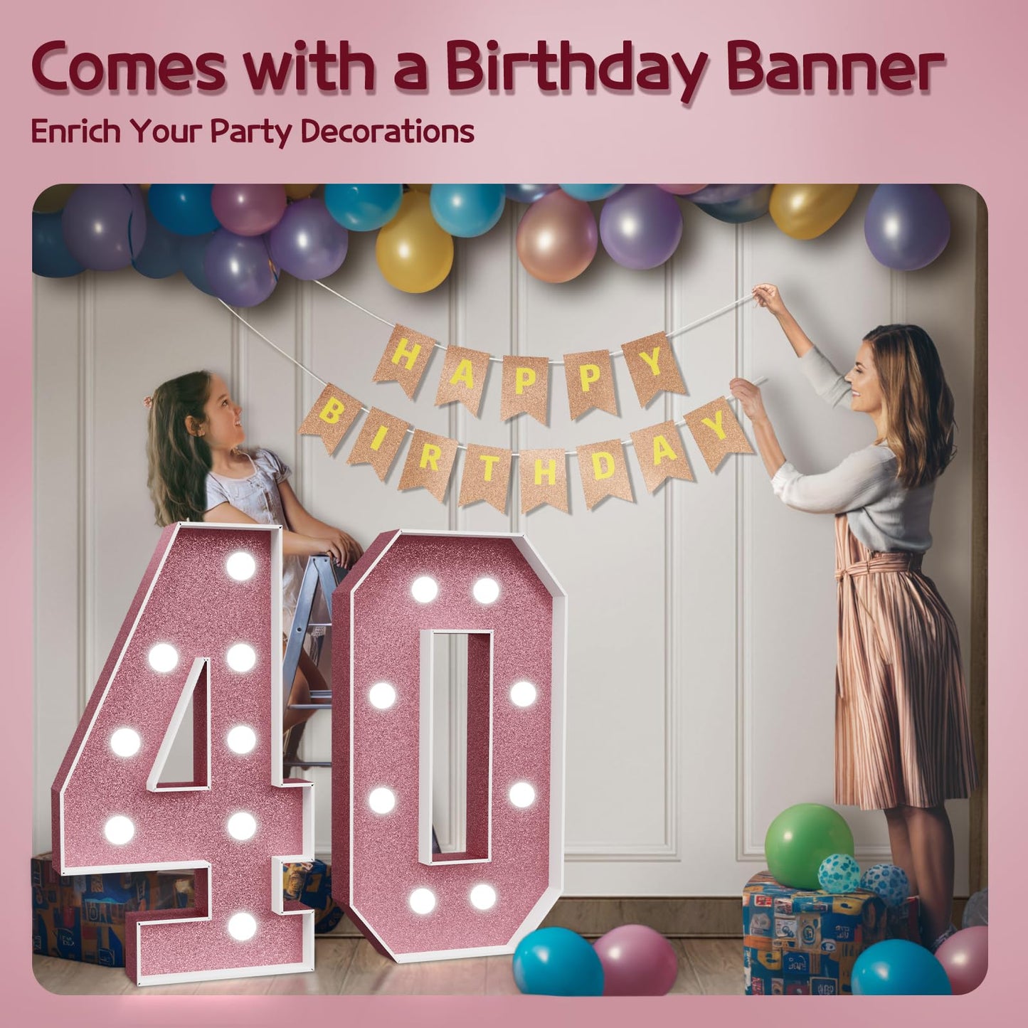 Imprsv Marquee Numbers Pink 40Th-Birthday Decorations: Large 3Ft Light Up Number Rose Gold 40 Birthday Decoration For Women Men