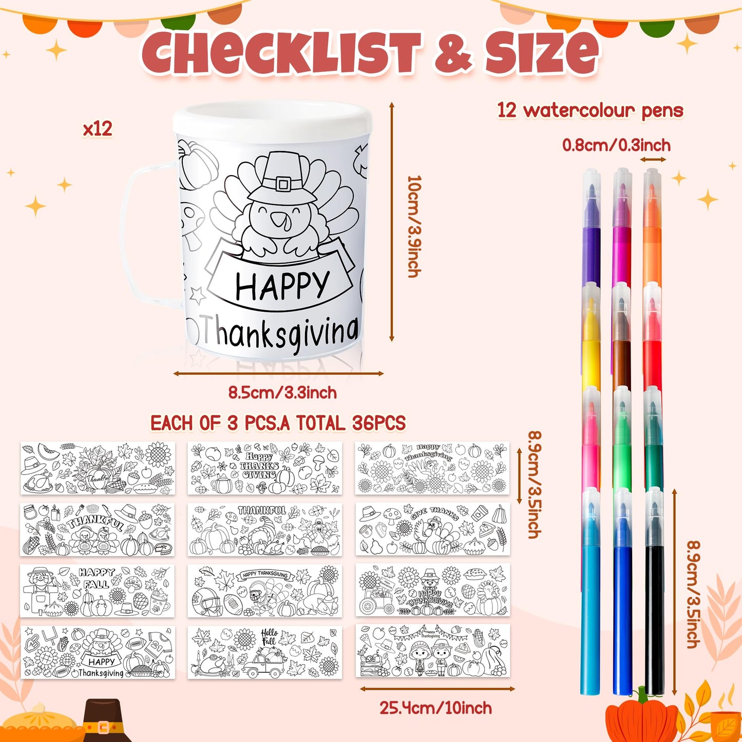Thanksgiving Color Your Own Mugs for Kids-12Pcs Fall Bulk 8oz Personalized Coffee Mugs with 36Pcs Insert Paper Autumn Pumpkin Tu