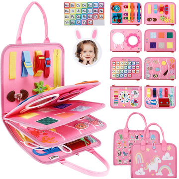 Jhkim Busy Board For Toddlers 1-4, Sensory Board Travel Toys Gifts For 1 2 3 4 Year Old Girls Boys, Montessori Toys To Learn Fine Motor Skills, Educational Activities Busy Book For Airplane Car (Pink)
