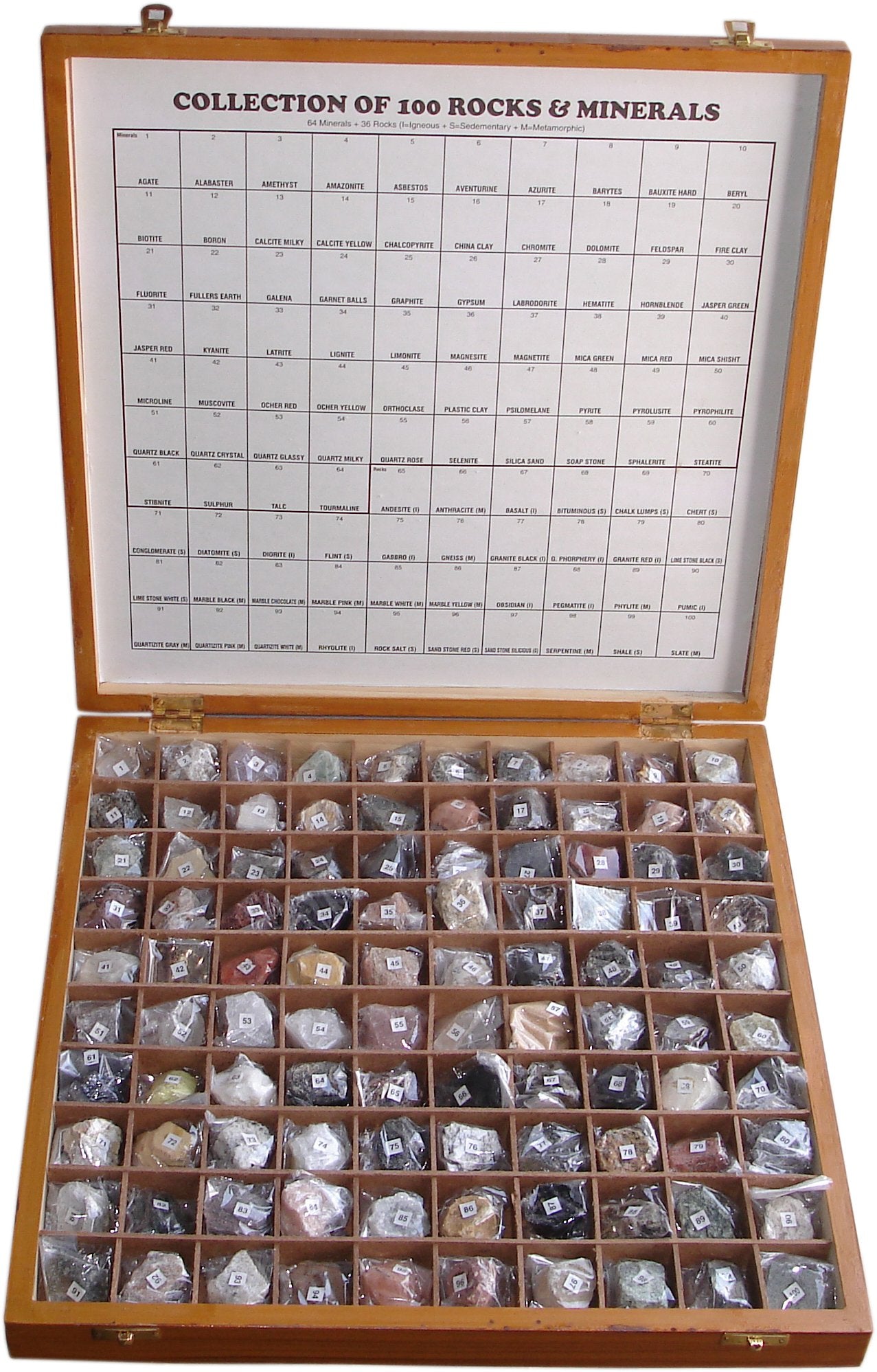 Rocksmins Collection Of 100 Rocks & Minerals For Education In Wooden Box Rare & Commen 100 Specimens