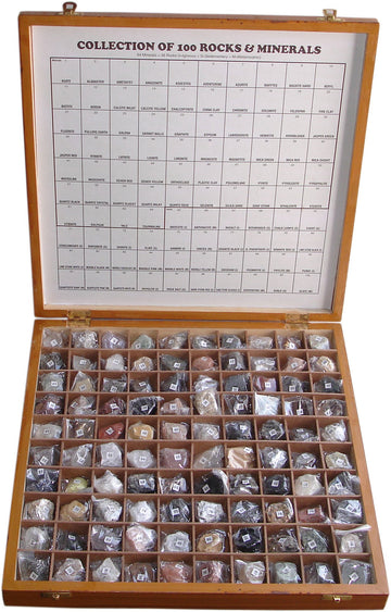 Rocksmins Collection Of 100 Rocks & Minerals For Education In Wooden Box Rare & Commen 100 Specimens