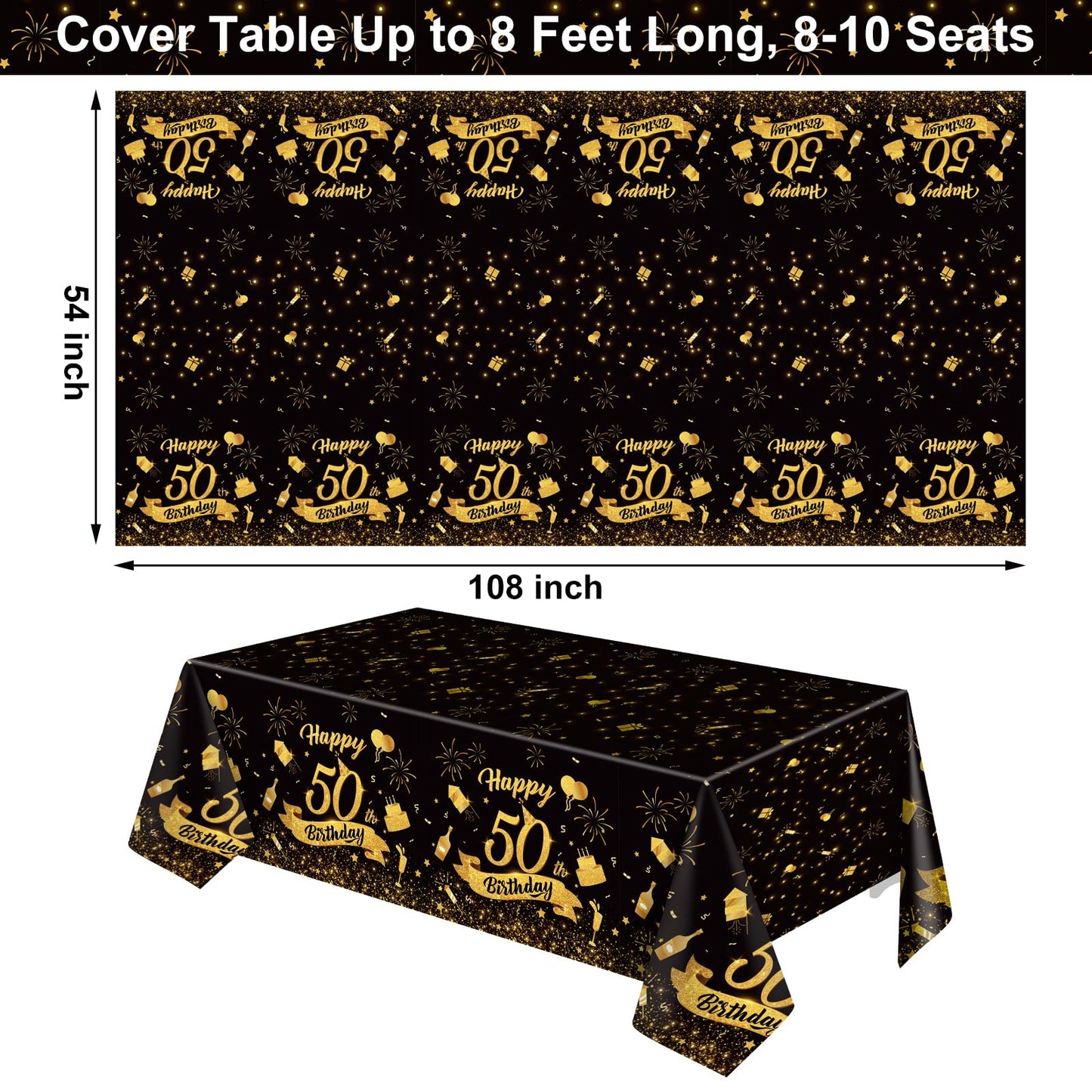 NatNarr 3 Pack 50th Birthday Tablecloth, Plastic Black Gold Table Cloths 50th Birthday Table Cover, Disposable Rectangle Table C