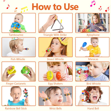 Inlaier Kids Musical Instruments Set, 20 Pcs Wooden Shakers Percussion Instruments Tambourine Xylophone Toys, Child Early Learning Musical Toys For Boys And Girls Gifts Present With Carrying Bag