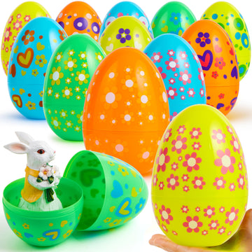 Joyin 12 Pcs 7' Jumbo Plastic Easter Eggs, Bright Solid 6 Assorted Colors Printed Empty Eggs For Filling Treats Easter Party Favor Hunt Basket Stuffers Fillers Classroom Prize Supplies Toy