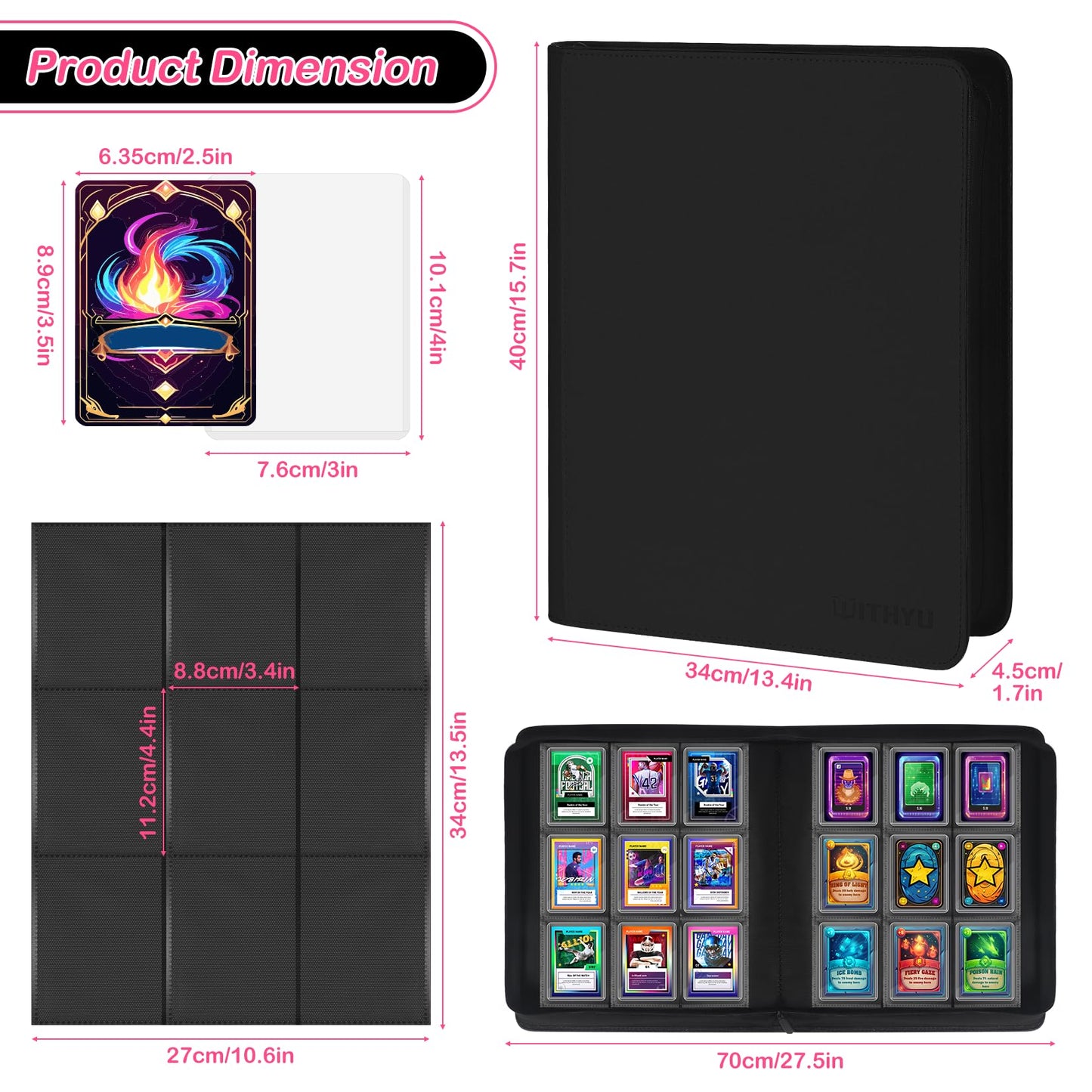 WITHYU Toploader Binder Holds 360 Top Loaders  9 Pocket Ringless Card Holder for 3 x 4 Rigid Cards  Trading Card Album with 20 Toploaders for Sports  TCG  MTG (Pink)