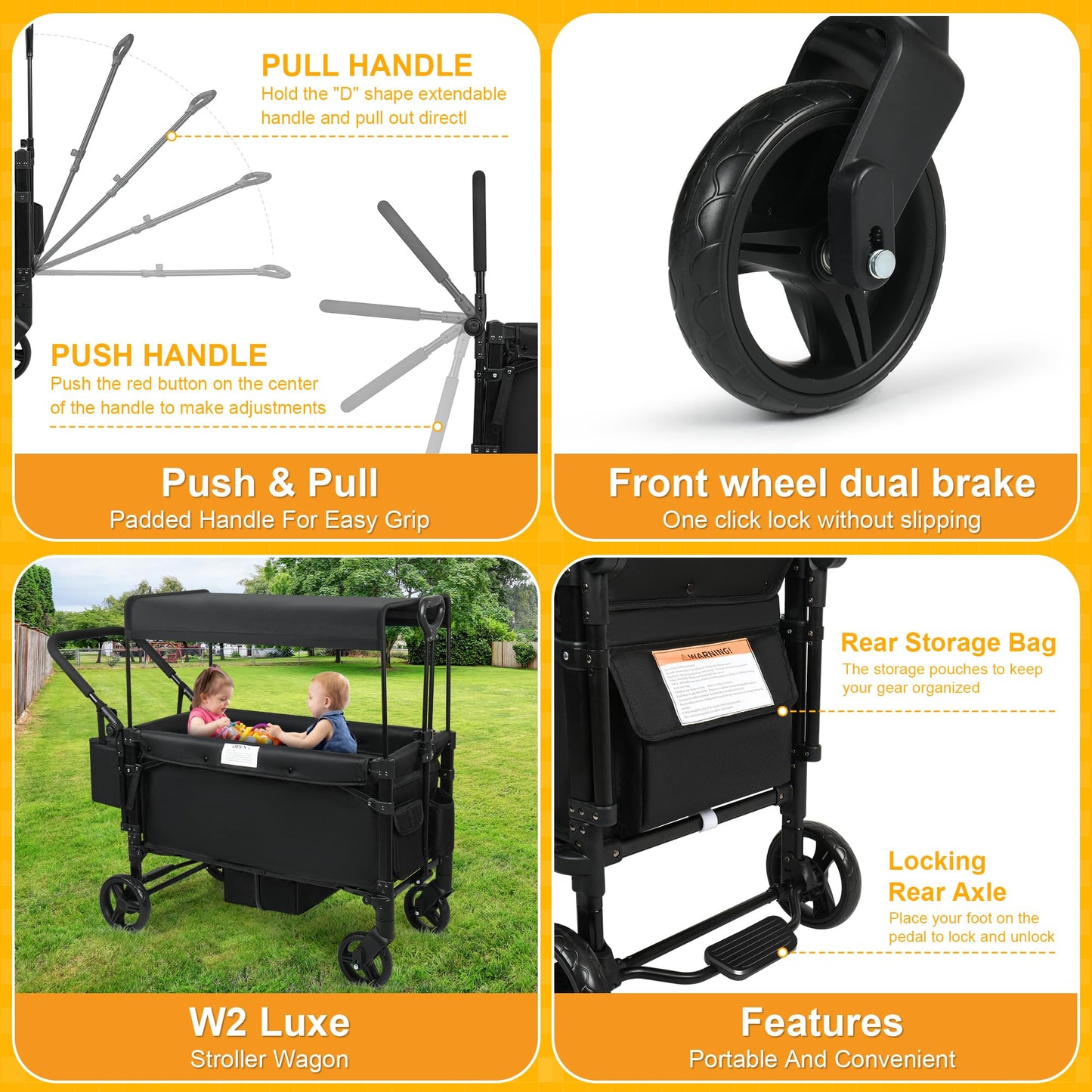 VOOI Stroller Wagon, 2 Seater Kids Wagon, Collapsible with 5-Point Harnesses, Zipper Door, Sun Canopy