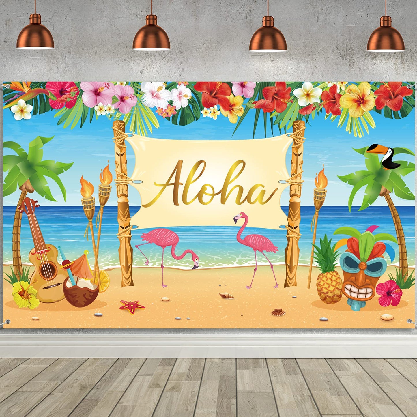 Hawaiian Aloha Party Decoration, Extra Large Summer Luau Beach Party Banner Backdrop Background Photography for Birthday Musical