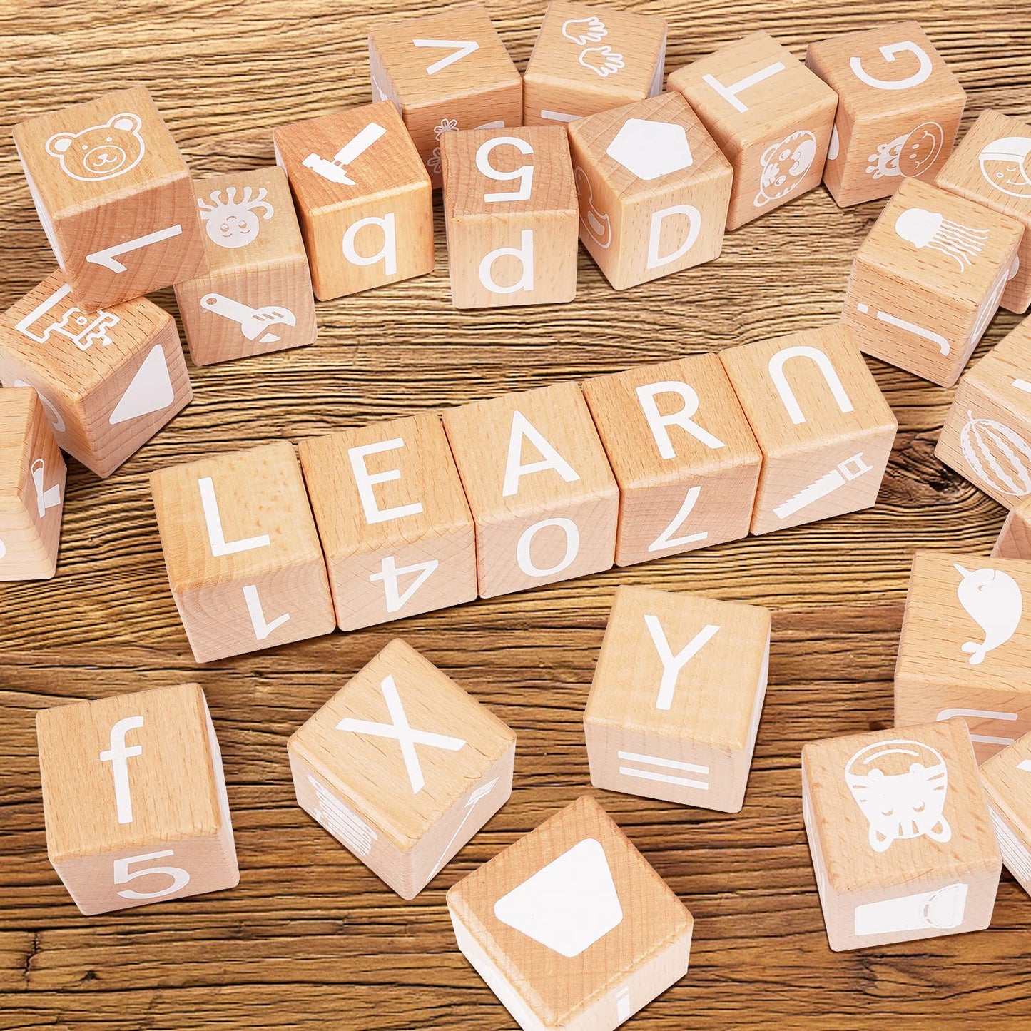 Axearte Alphabet Letters Stacking Blocks, 26 Wooden Abc Building Blocks For Toddlers, Number, Animals Icons On Every Side, Preschool Learning Educational Toys Montessori Sensory Toys For Kids