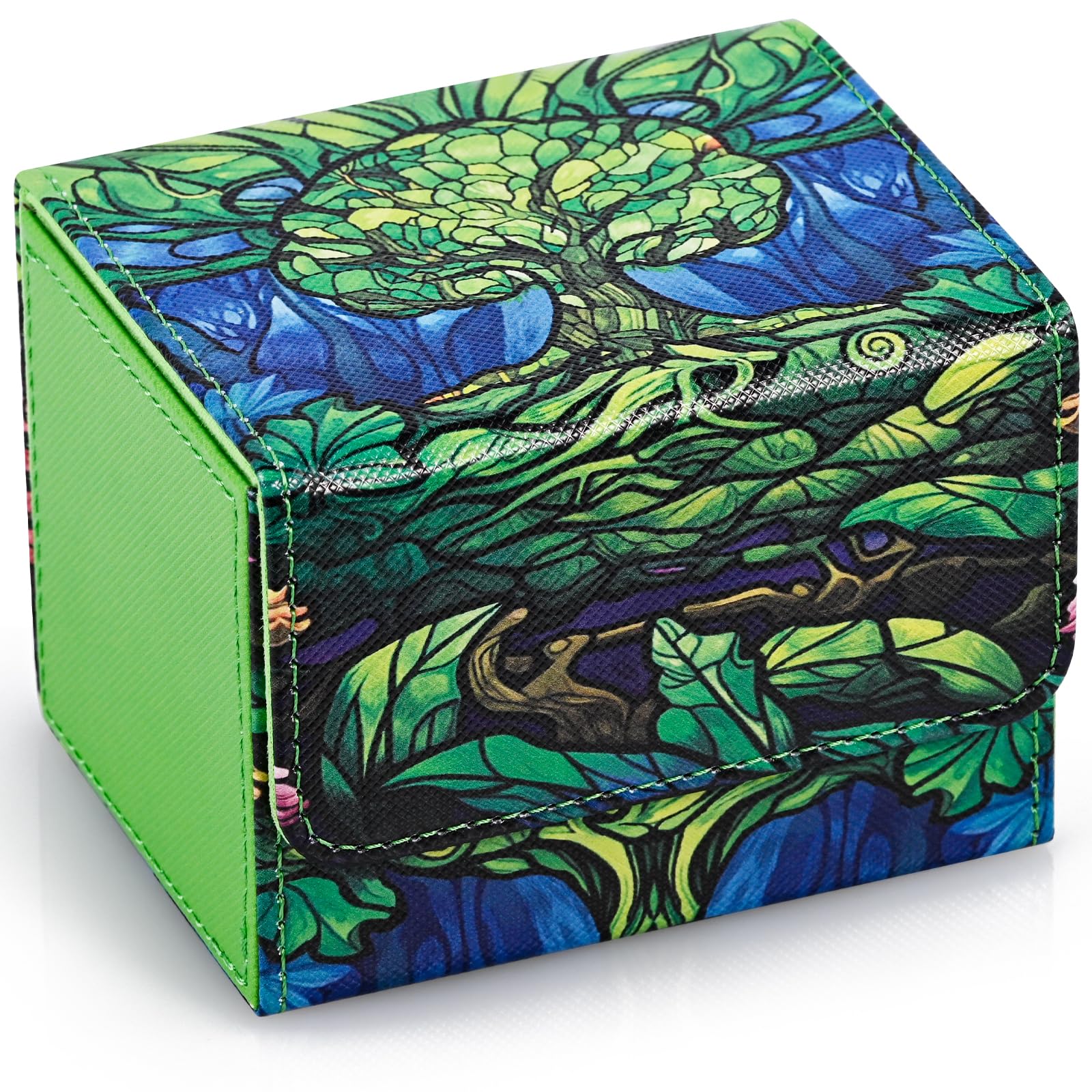 Uaono Card Deck Box For Mtg, Trading Card Storage Box Holds 120+ Sleeved Commander Deck, Pu Leather Card Box Suits Tcg Magic Cards With 2 Dividers (Green,Tree)