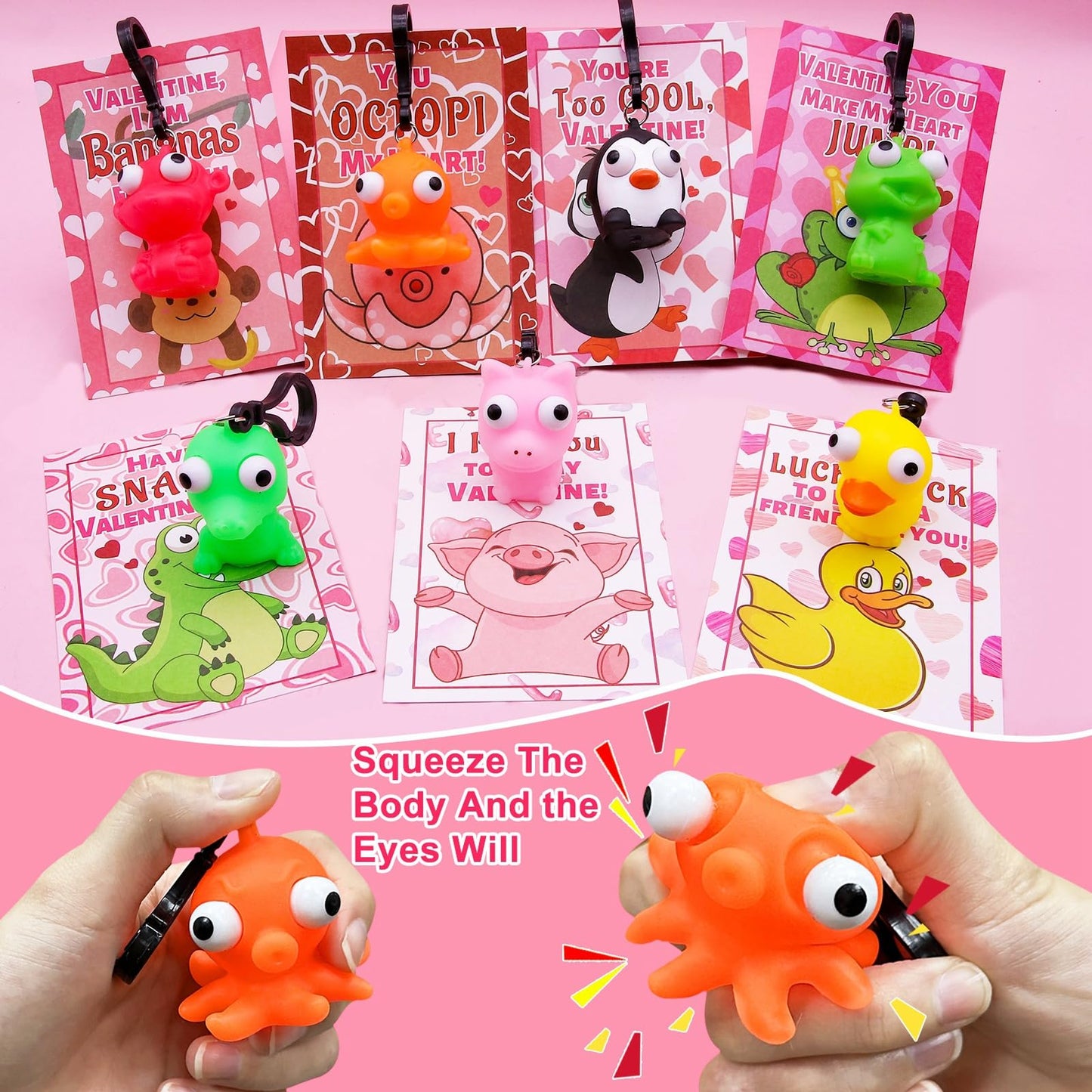 Valentines Day Gifts for Kids 28 Pack Valentines Cards with Squeeze Animals with Popping Eyes Keychains Bulk, Sensory Fidget Toy