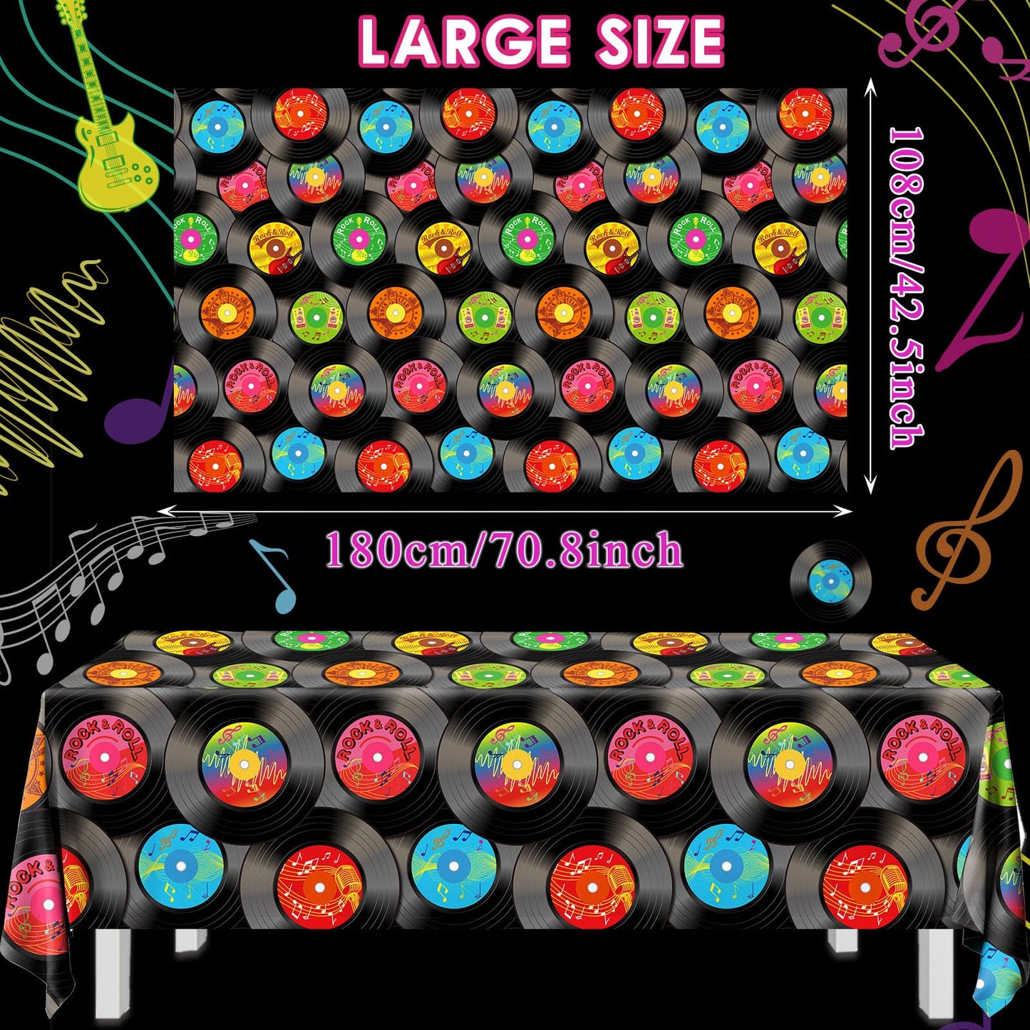 3Pcs Rock And Roll Party Tablecloth, 1950'S Rock And Roll Music Party Decorations Plastic Rectangular Record Table Covers For 50