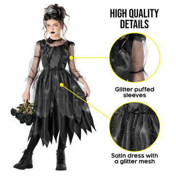 Morph Kids Gothic Witch Costume For Girls - Black Witch Dress For Kids - Spooky Halloween Outfit For Girls, X-Large