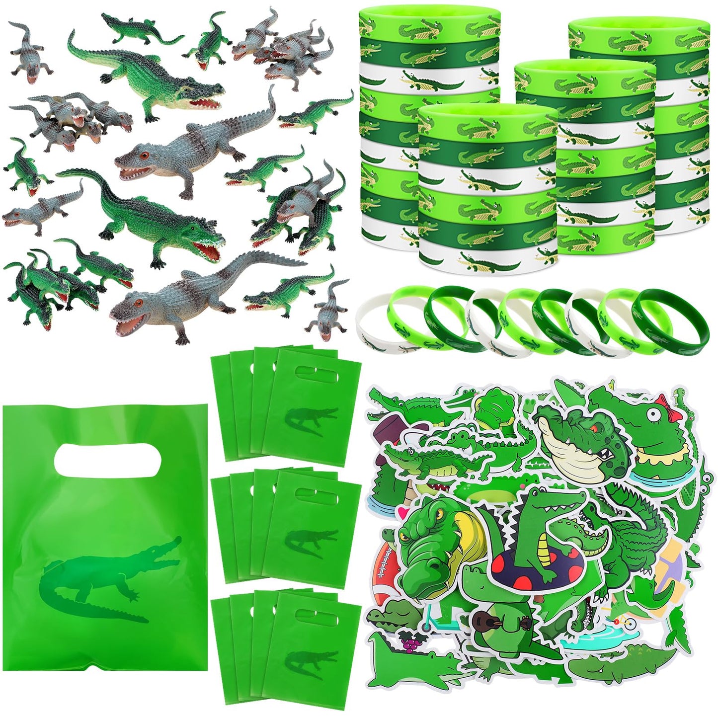 Leyndo 122 Pcs Crocodile Party Favors Gift Set Alligator Reptile Decorations Crocodile Silicone Wristbands Bracelet Stickers Toy