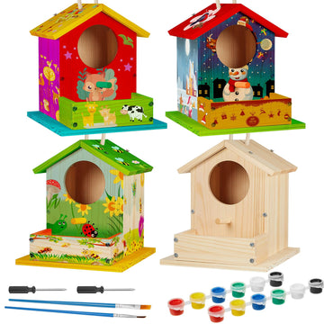 Liliful 4 Pack Wooden Birdhouse Kit DIY Bird House with Paint and Paintbrushes Art and Crafts Painting Kits for Boys Girls Adult