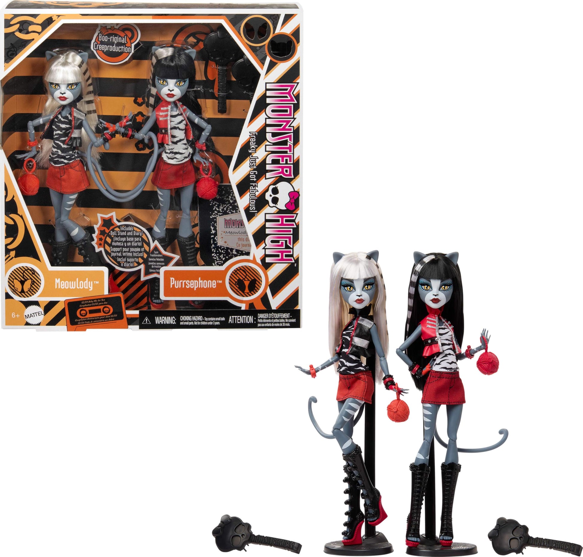 Monster High Boo-riginal Creeproduction Doll 2-Pack, Meowlody and Purrsephone Collectible Reproductions with Doll Stands and Dia