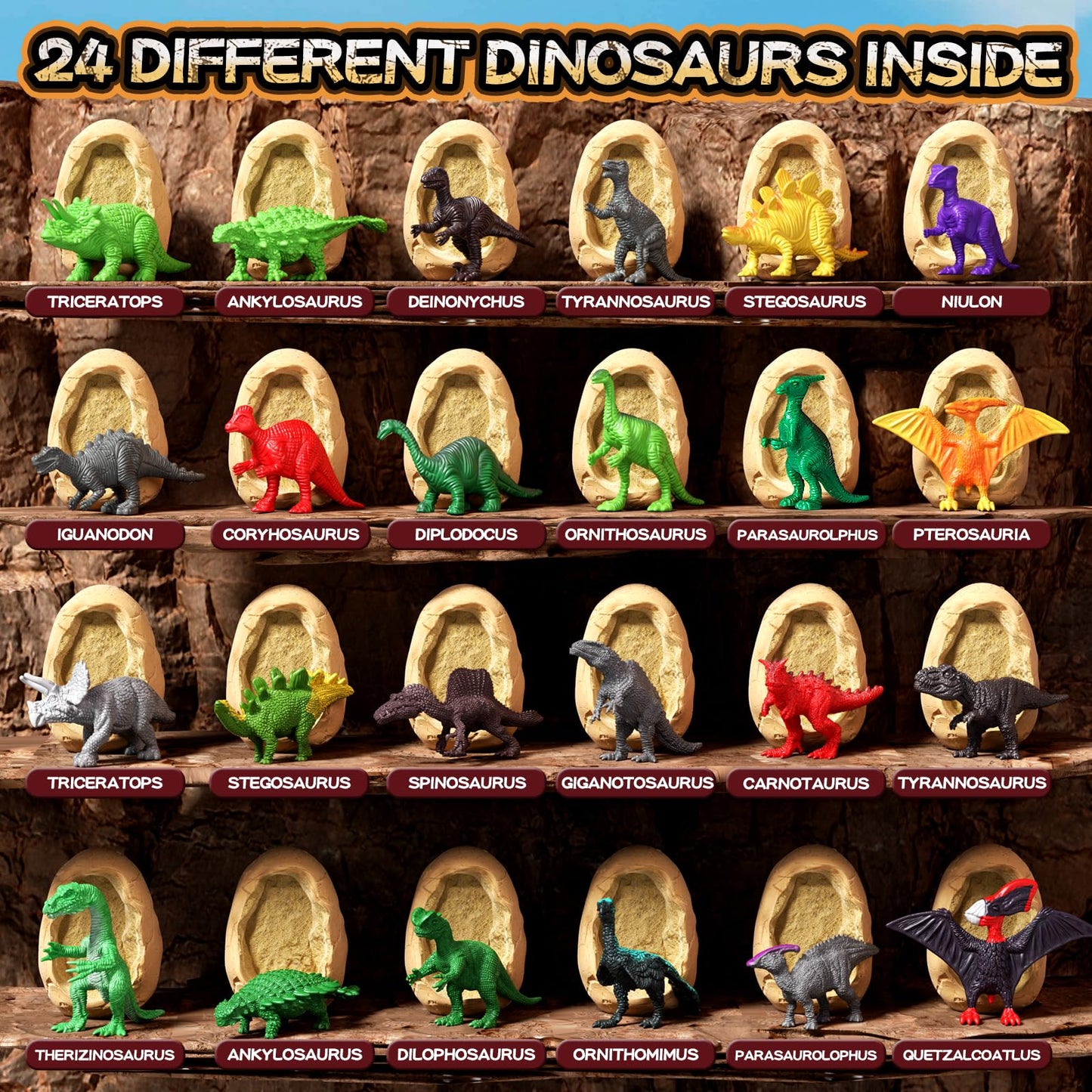Uregoio 24 Dinosaur Eggs Dig Kit Toys For Kids, Dinosaur Eggs Excavation Kit With Magnifier & Newspaper, Science Stem Christmas