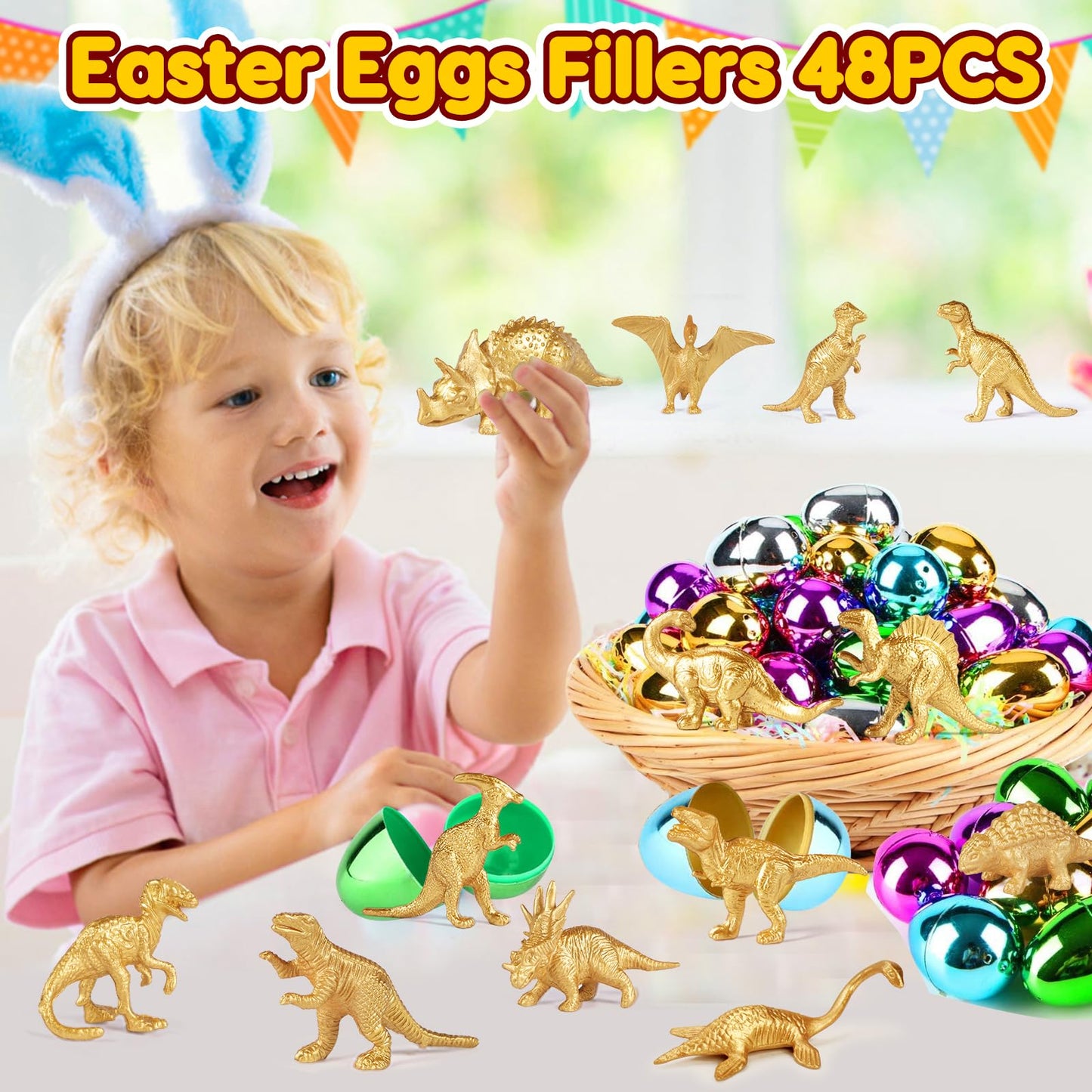 AugToy Gold Plastic Mini Dinosaur Figures - 48PCS Party Favors, Cupcake Toppers, Goodie Bags, Easter Eggs, Pinata Fillers for Kids