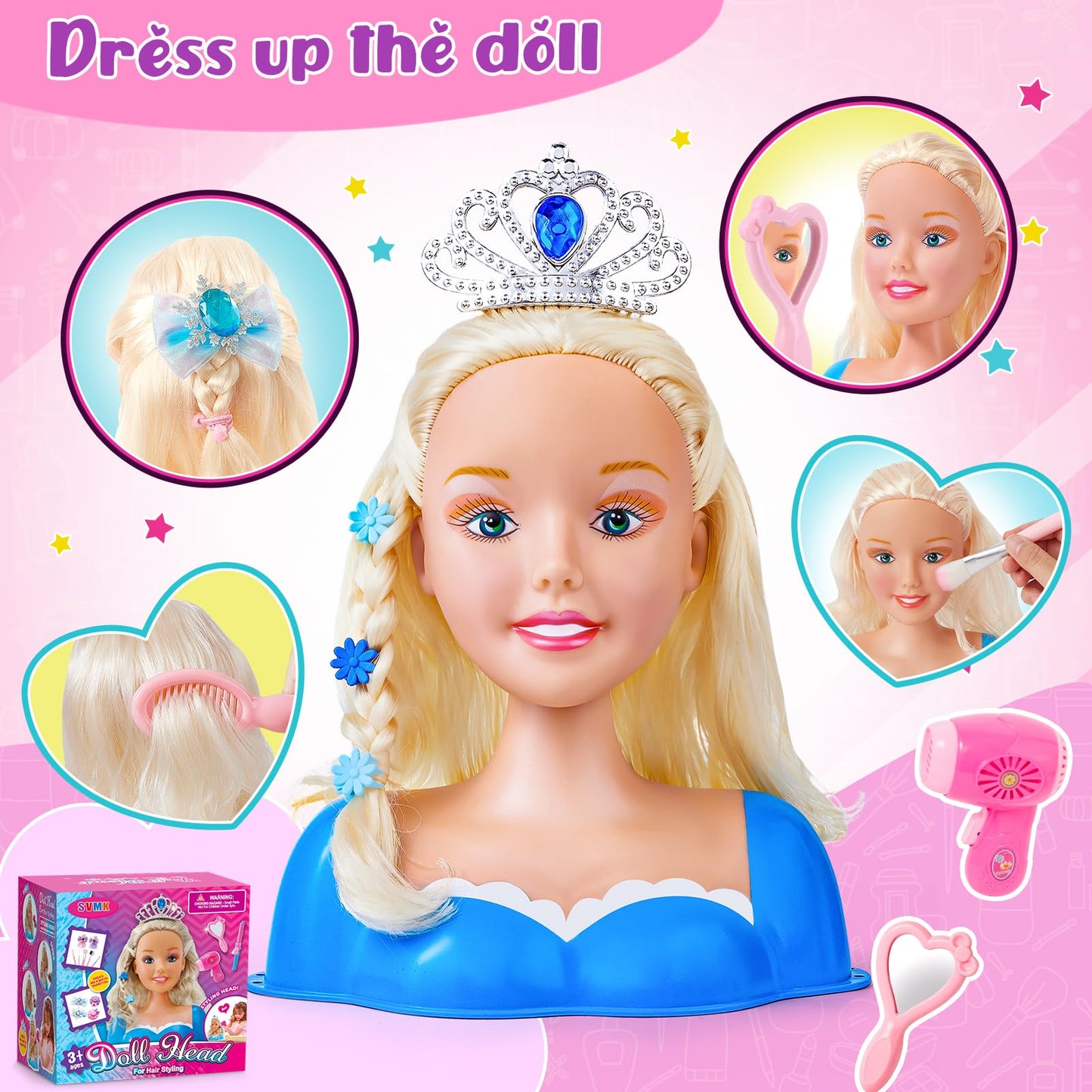 Svmk Hair Styling Doll Head Makeup For Girls Toys Kids Practice Pretend Play Beauty Set With Hairdryer Curling Iron Crown Brushe
