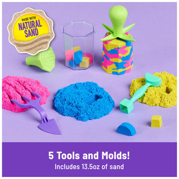 Kinetic Sand Squish N’ Create Playset, 13.5oz Blue, Yellow & Pink, 5 Tools, Sensory Toys for Kids Ages 3+, Model 6065527