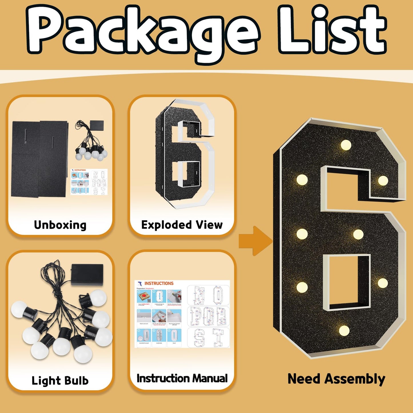 Imprsv Marquee Numbers Black 3Ft: Black Party Decor - Light Up Number 6 Large 3 Feet Tall - Birthday Decorations For Him Her 6Th