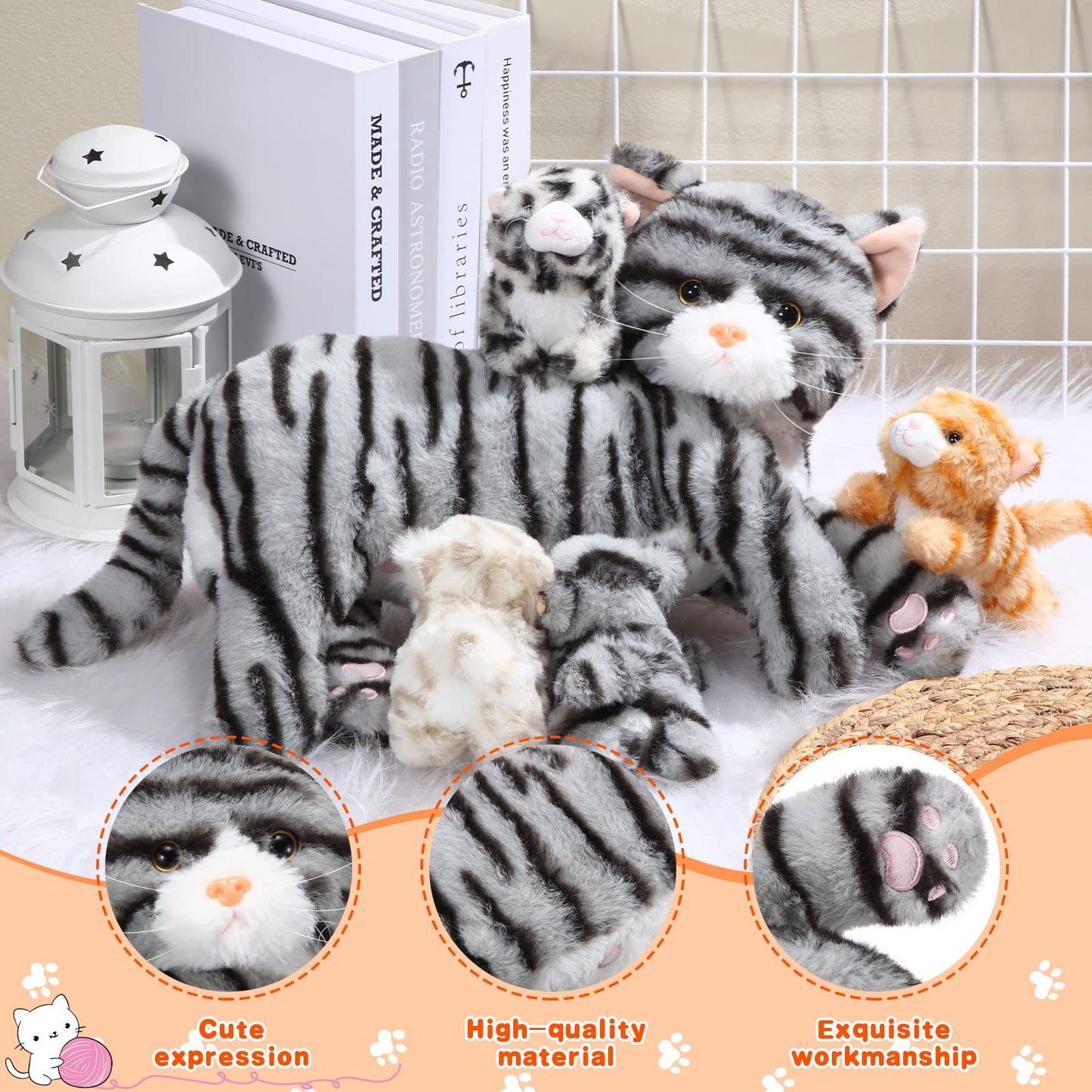 Skylety Nurturing Cat Stuffed Animal With 4 Plush Kittens, Cat Baby Stuffed For Girls And Boys Plushy Mommy Kitty With Baby Kittens For Birthday Party Favors Gifts(Cuddly Style)