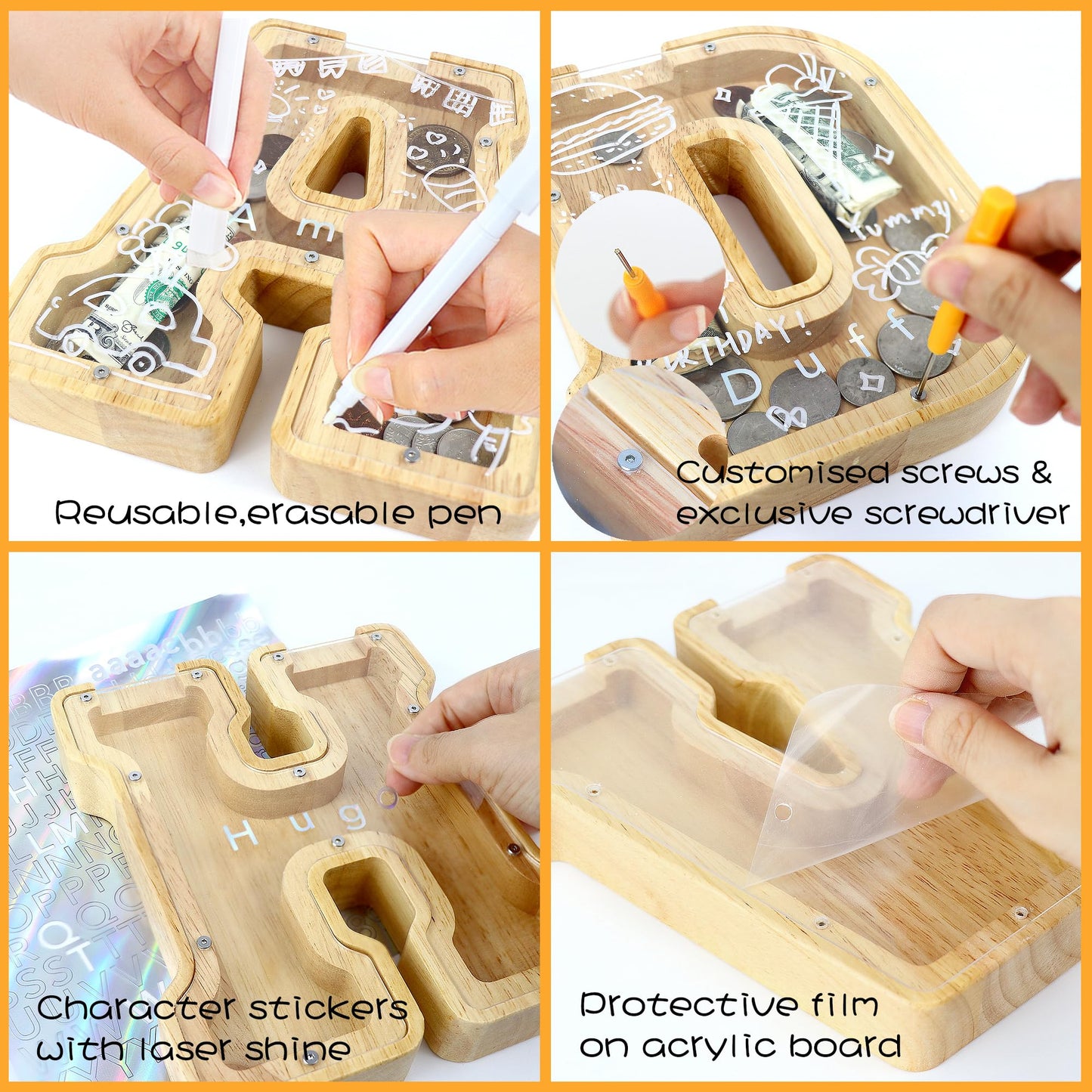 Weallbuy Piggy Bank For Kids Boys Girls Wooden Letter Piggy Bank A-Z Personalized Piggy Bank Clear Coin Bank For Kids With Stick
