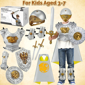 Kids Medieval Knight protective covering for Boys  Royal Knight Costume Cosplay Suit of protective covering with Helmet  Chest Piece  Cape  decorative replica blade and Shield  Pretend Role Play Plastic Boy Toys Halloween Costumes Dress Up Playset